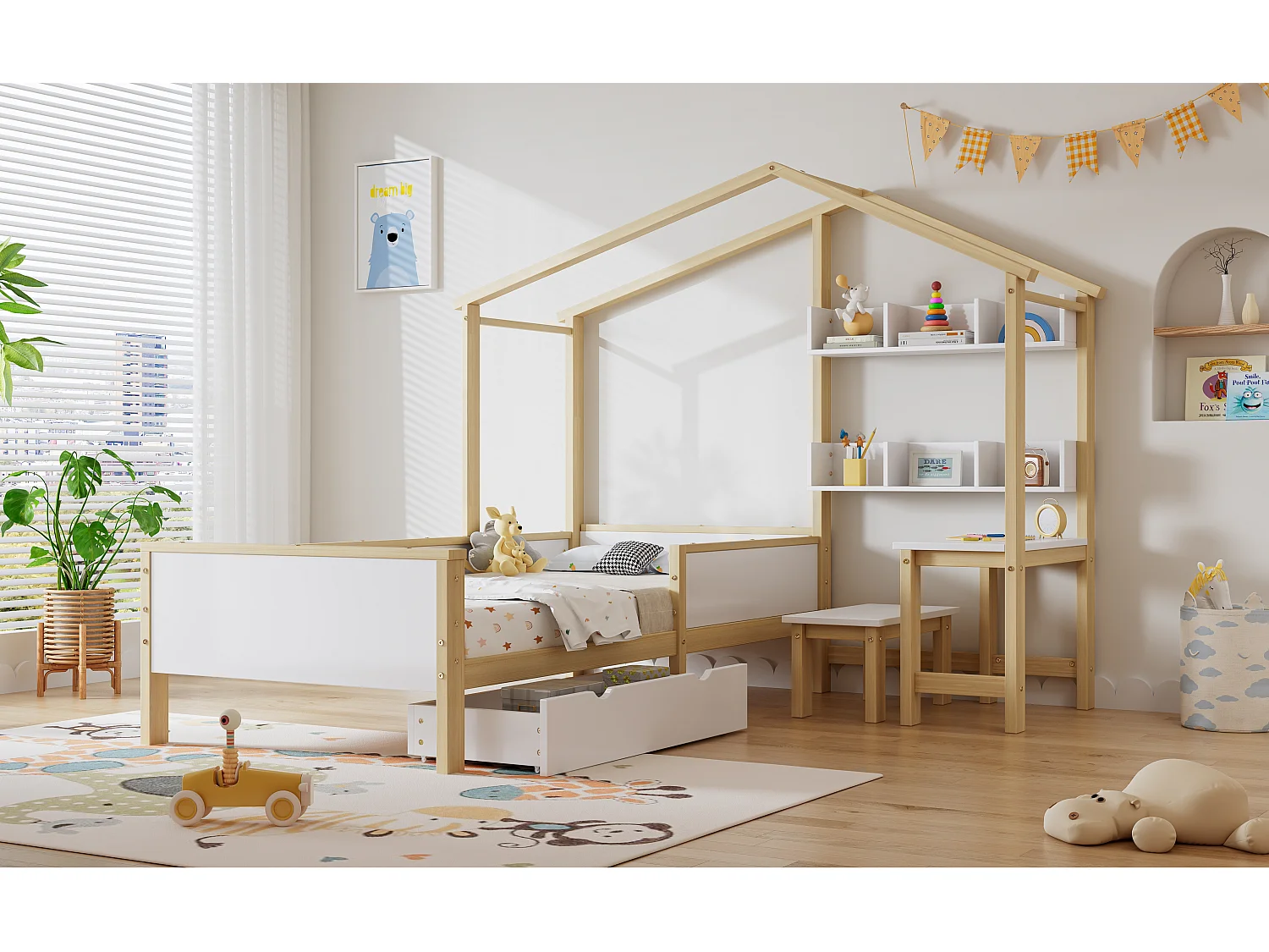 Cama cabine infantil 90 x 200 cm com gaveta e prateleiras - mesa e banqueta - madeira de pinho + MDF - branco+natural
