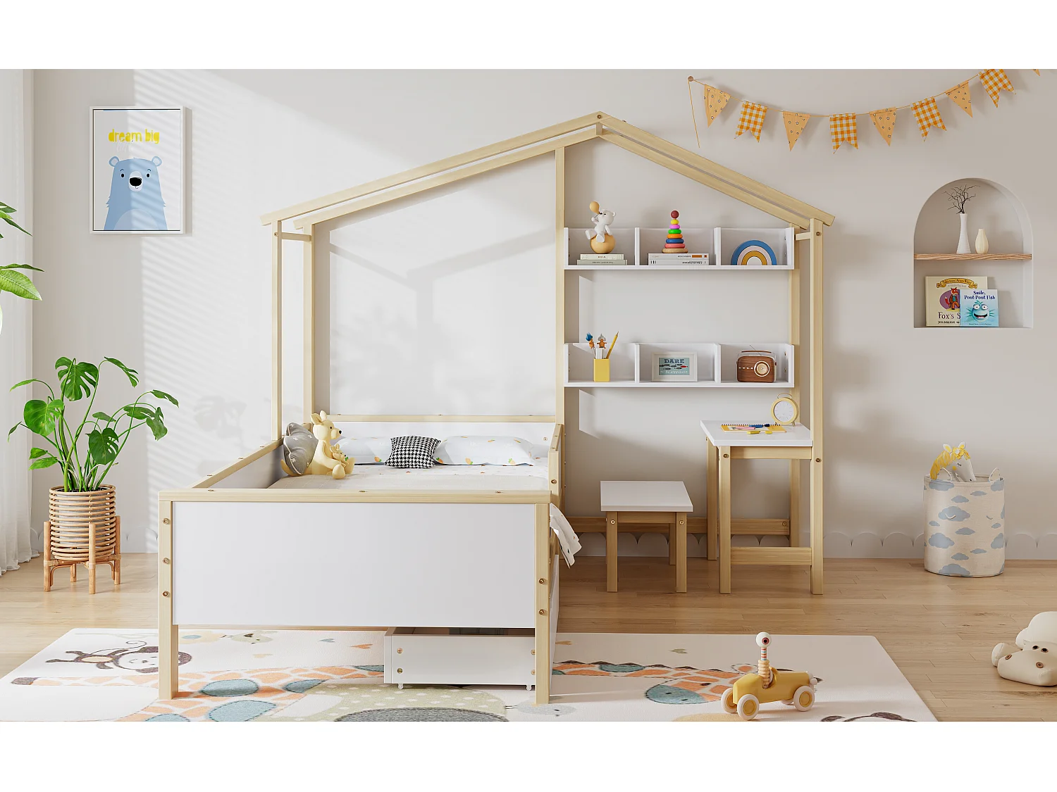 Cama cabine infantil 90 x 200 cm com gaveta e prateleiras - mesa e banqueta - madeira de pinho + MDF - branco+natural