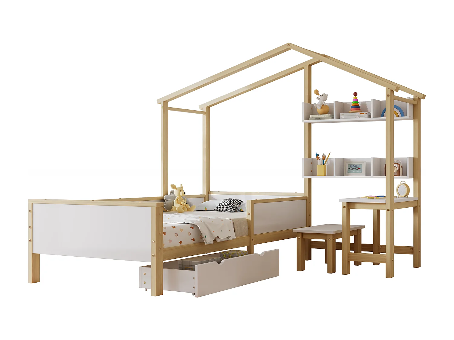 Cama cabine infantil 90 x 200 cm com gaveta e prateleiras - mesa e banqueta - madeira de pinho + MDF - branco+natural