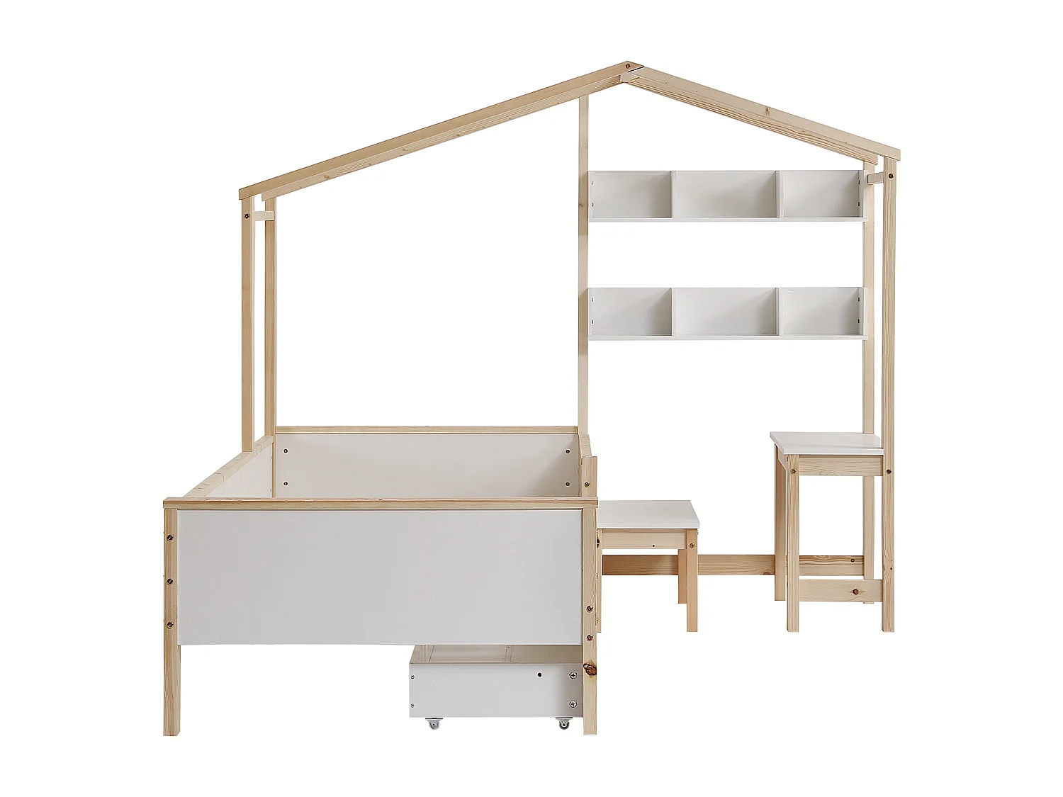 Cama cabine infantil 90 x 200 cm com gaveta e prateleiras - mesa e banqueta - madeira de pinho + MDF - branco+natural