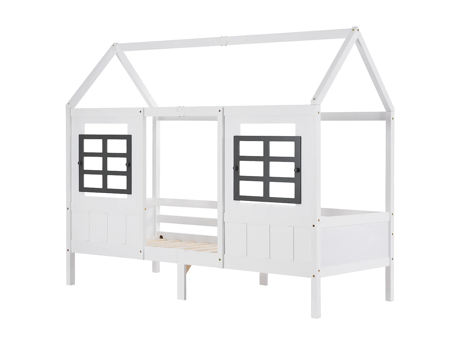 Lit cabane 90 x 200 cm avec 2 tiroirs et 2 fenêtres - Bois de pin et MDF - Barrières et sommier à lattes - blanc