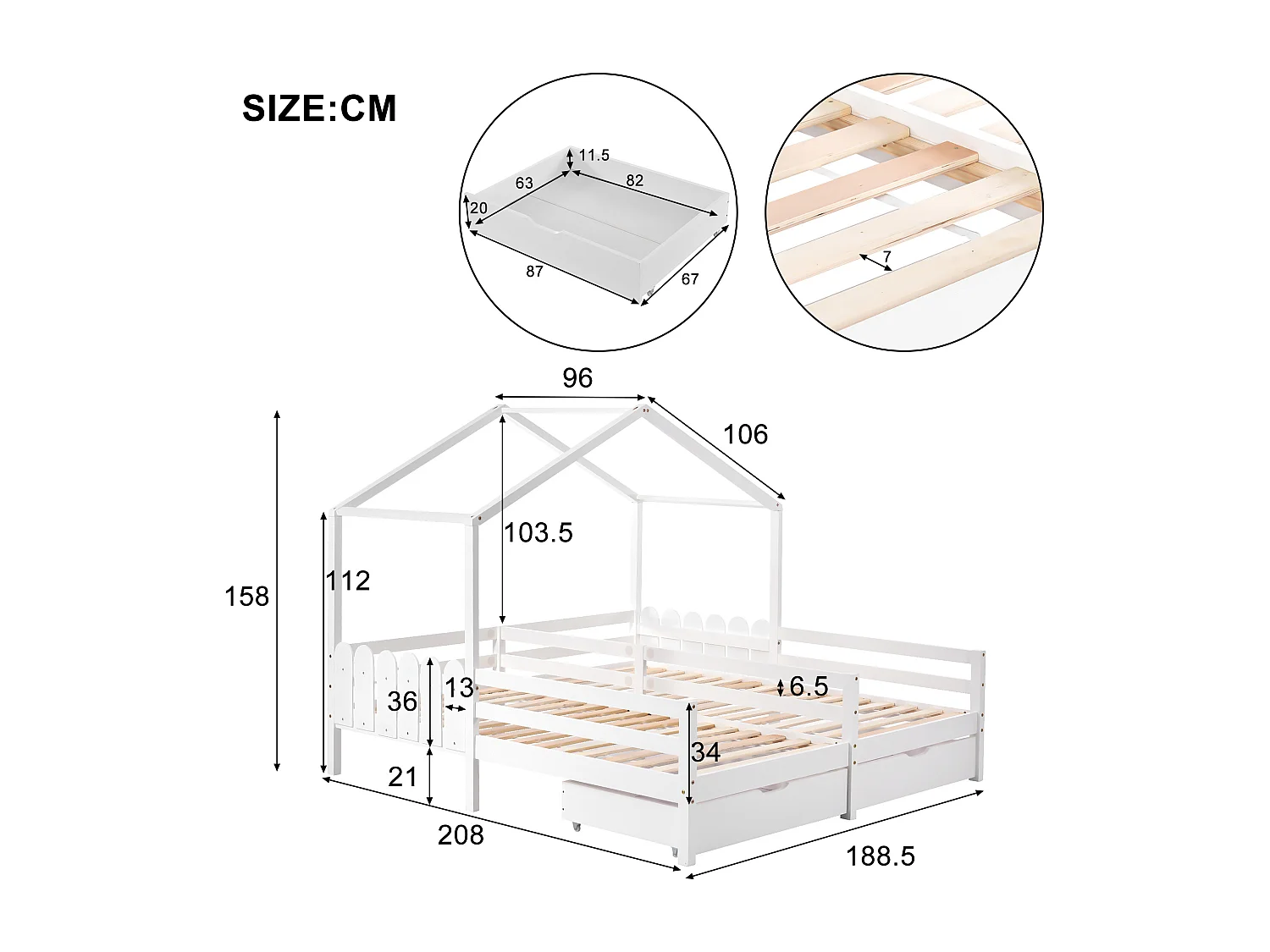 Łóżko kabinowe 2 x 90 x 200 cm z 2 szufladami - Drewno sosnowe i płyta MDF - Barierki i dno listwowe - białe