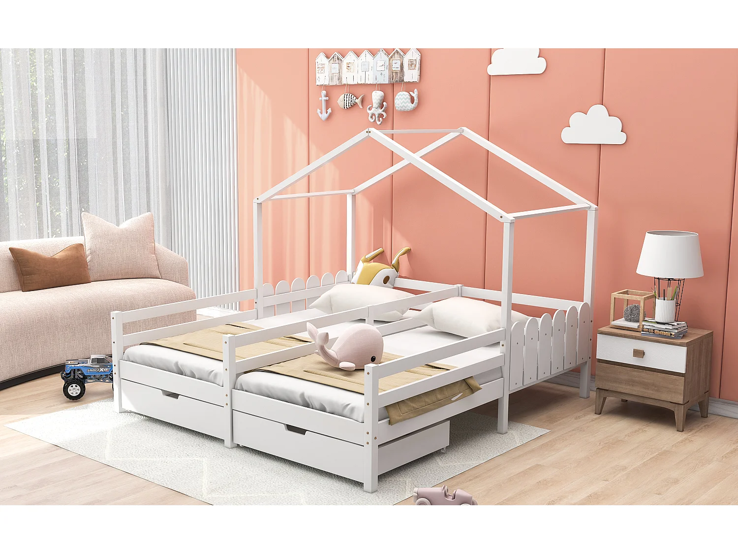 Lit cabane 2 x 90 x 200 cm avec 2 tiroirs - Bois de pin et MDF - Barrières et sommier à lattes - blanc