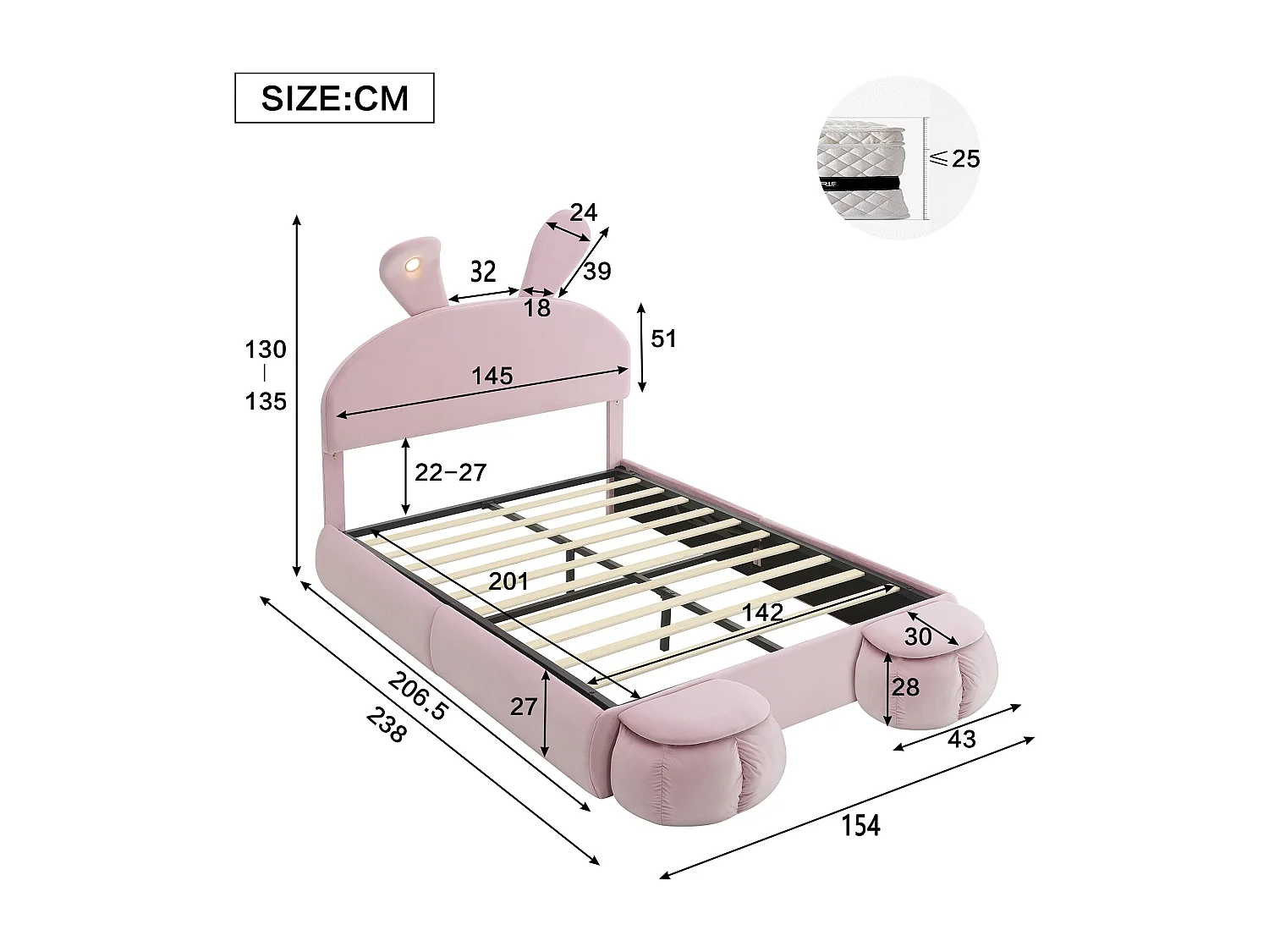 Opbergbed 140 x 200 cm met 2 opbergkrukken - konijnenoren met LED's - Fluweel - Roze