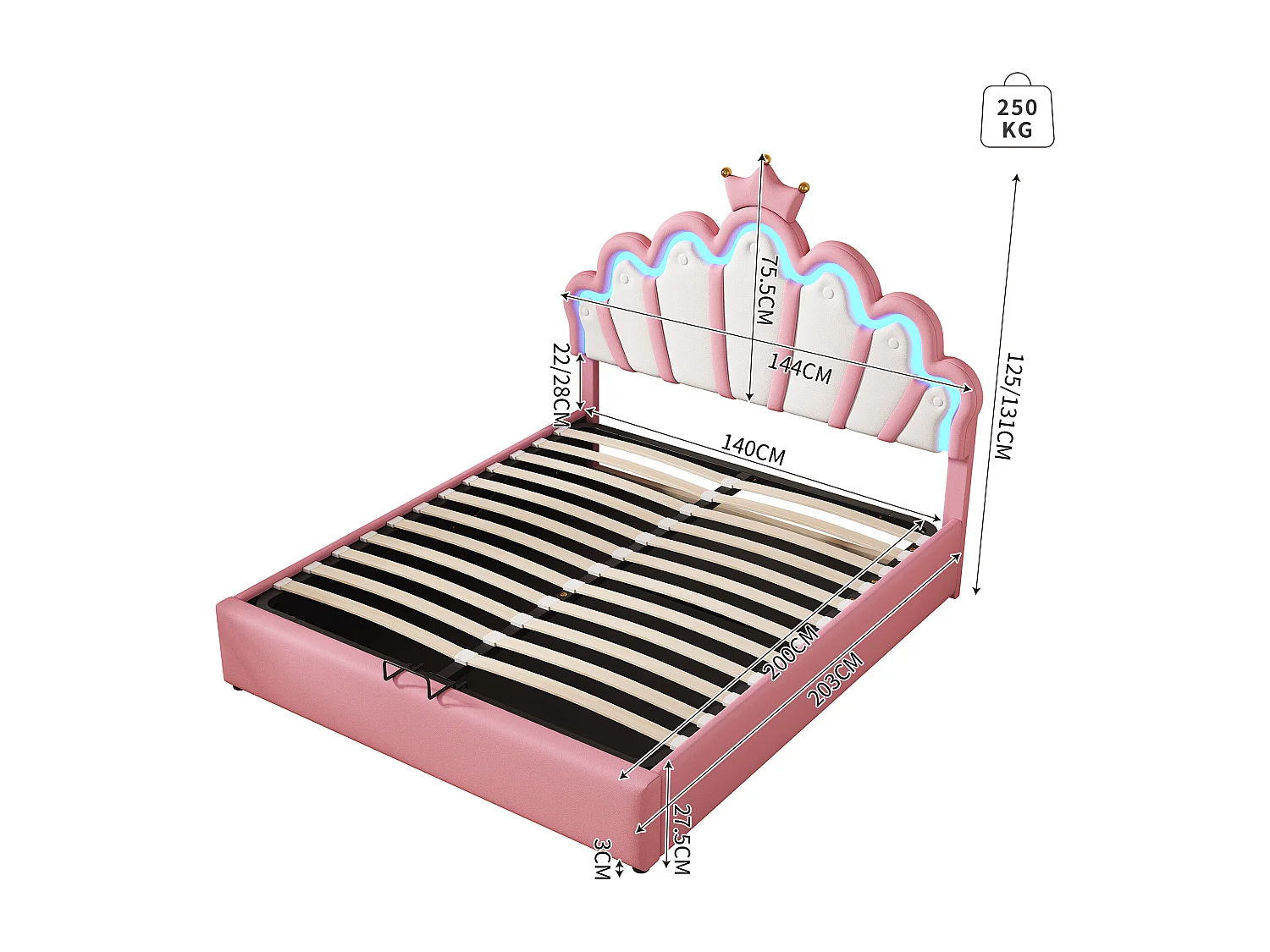 Lit coffre 140 x 200 cm en forme couronne - lit princesse - cuir PU - LEDs - Rose