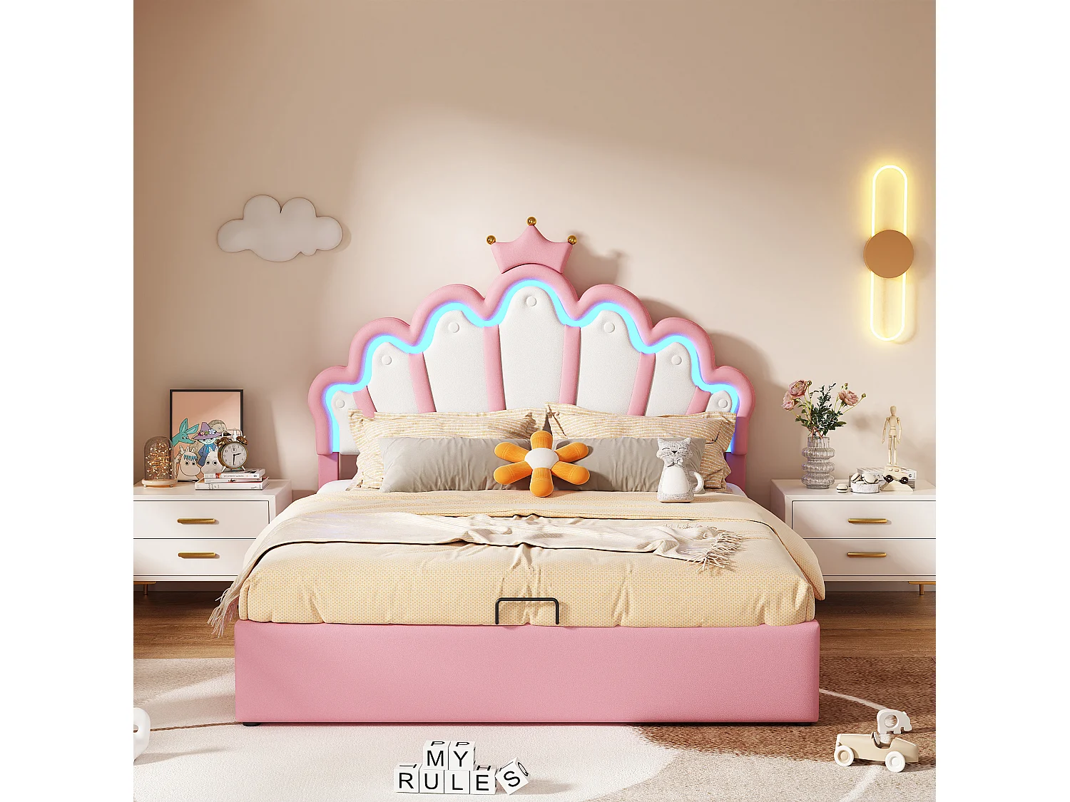 Kroonvormig opbergbed van 140 x 200 cm - Prinsessenbed - PU-leer - LED-verlichting - Roze