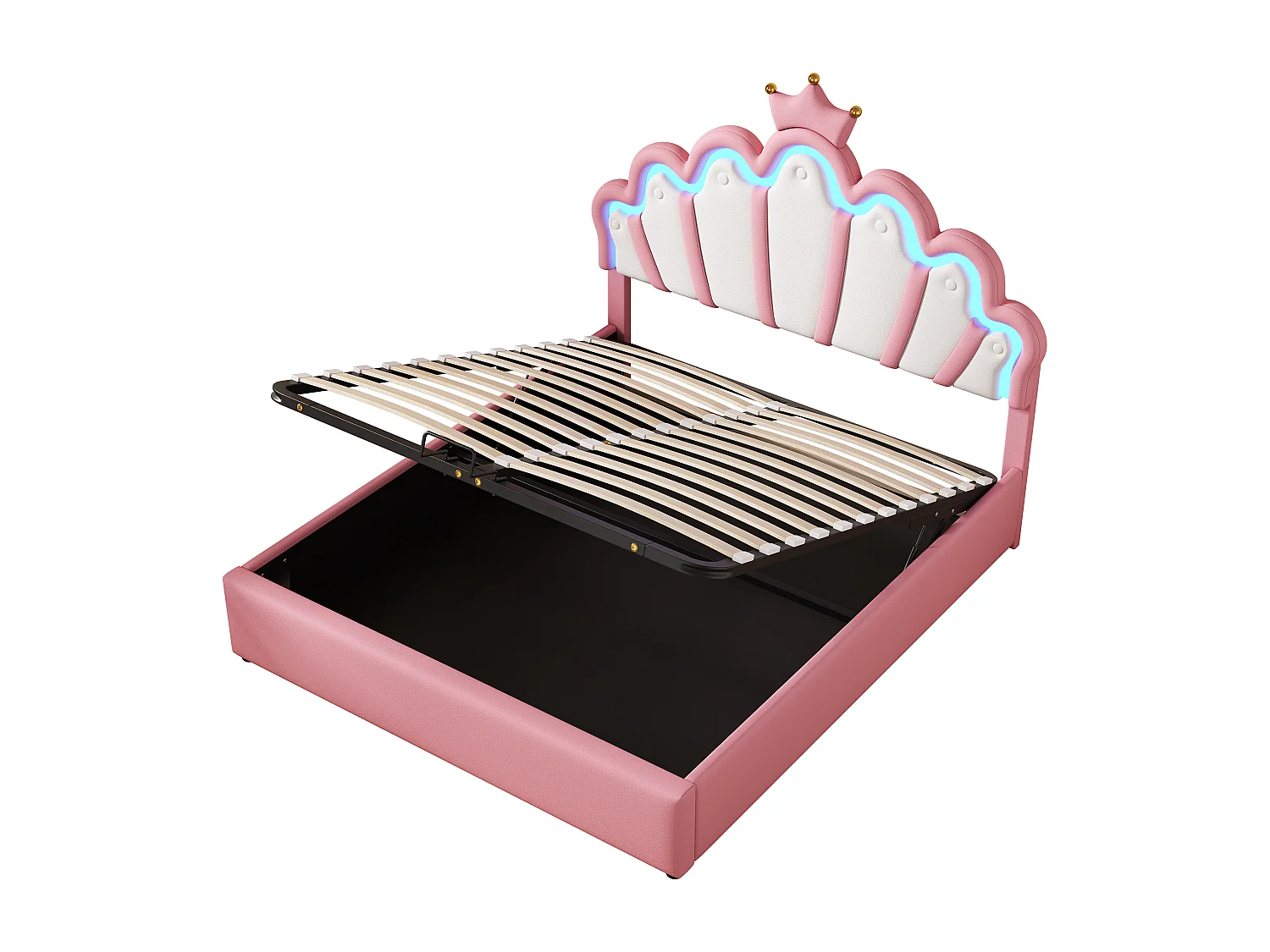 Kroonvormig opbergbed van 140 x 200 cm - Prinsessenbed - PU-leer - LED-verlichting - Roze