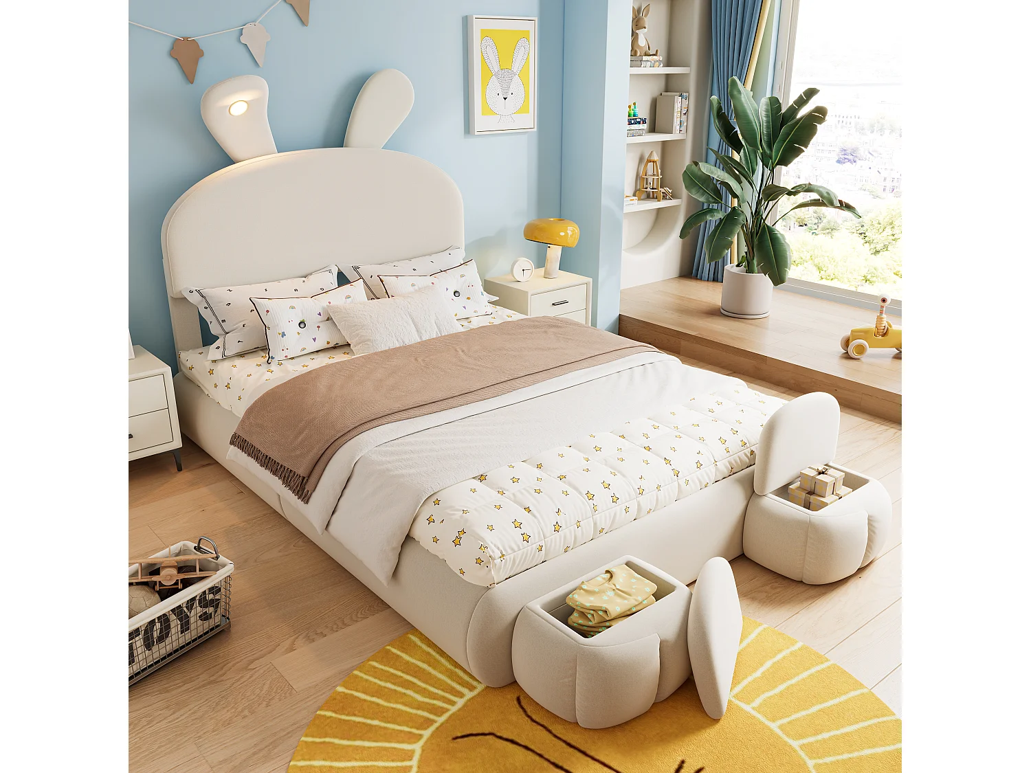 Lit coffre 140 x 200 cm avec 2 tabourets de rangement - oreilles de lapin avec LEDs - Velours - Blanc