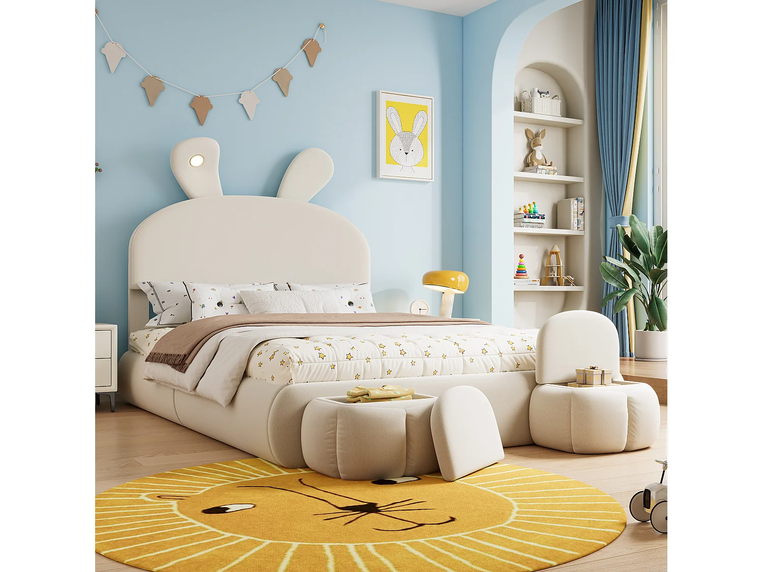 Lit coffre 140 x 200 cm avec 2 tabourets de rangement - oreilles de lapin avec LEDs - Velours - Blanc