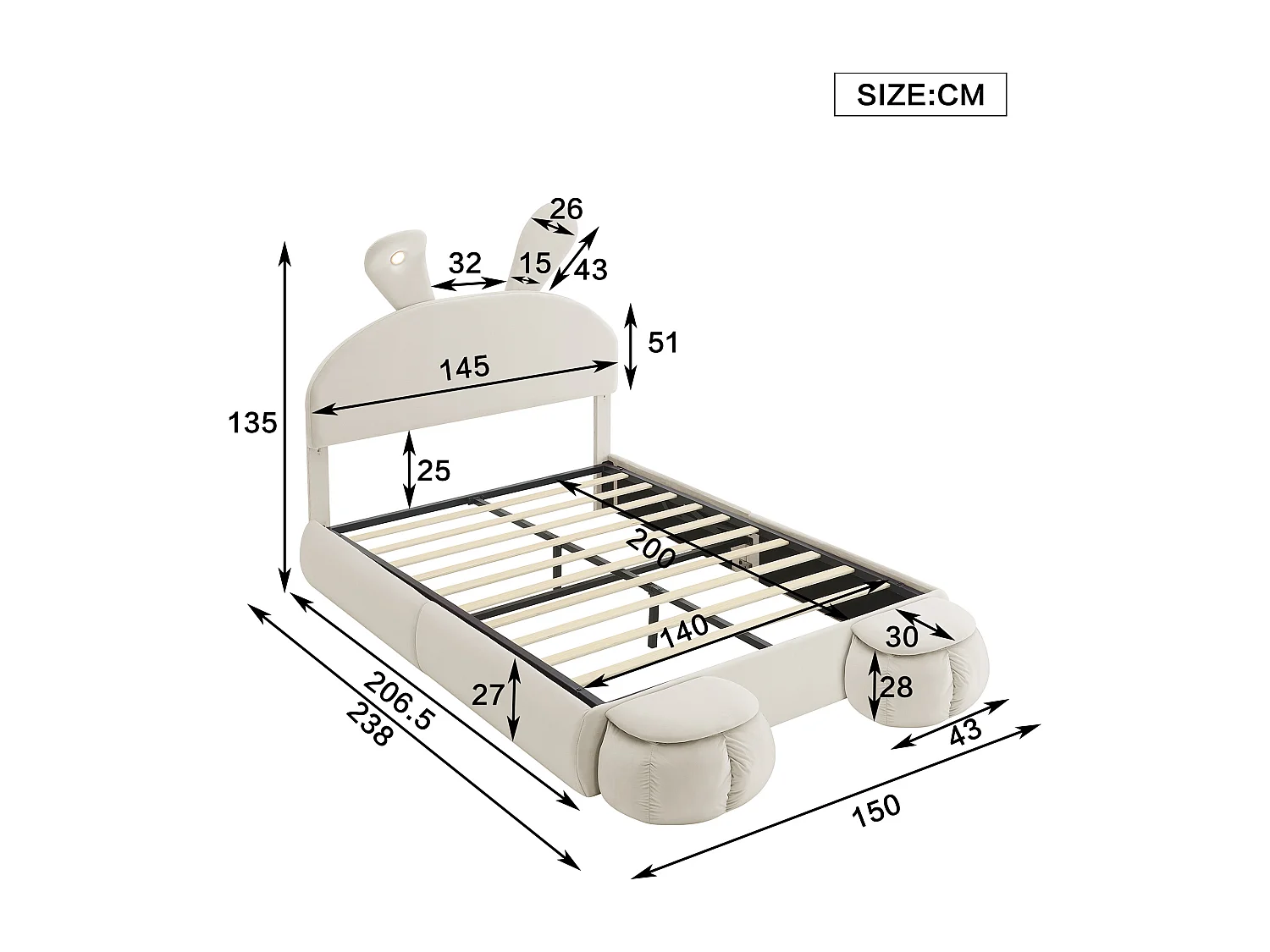Lit coffre 140 x 200 cm avec 2 tabourets de rangement - oreilles de lapin avec LEDs - Velours - Blanc