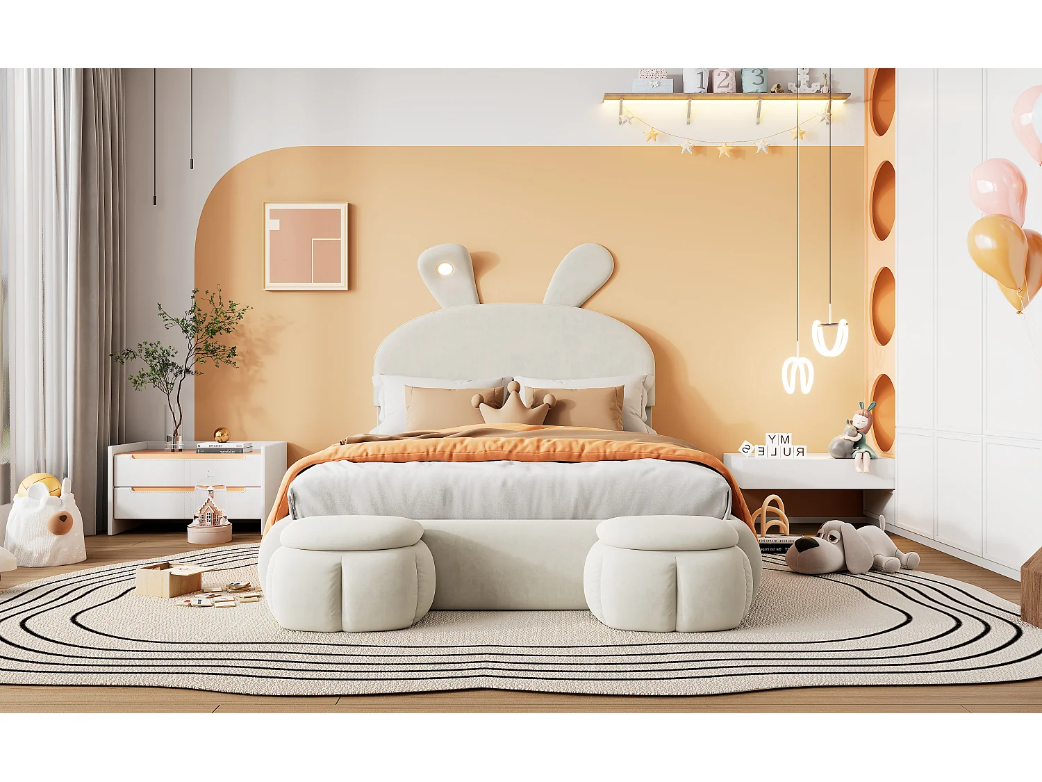 Lit coffre 140 x 200 cm avec 2 tabourets de rangement - oreilles de lapin avec LEDs - Velours - Blanc