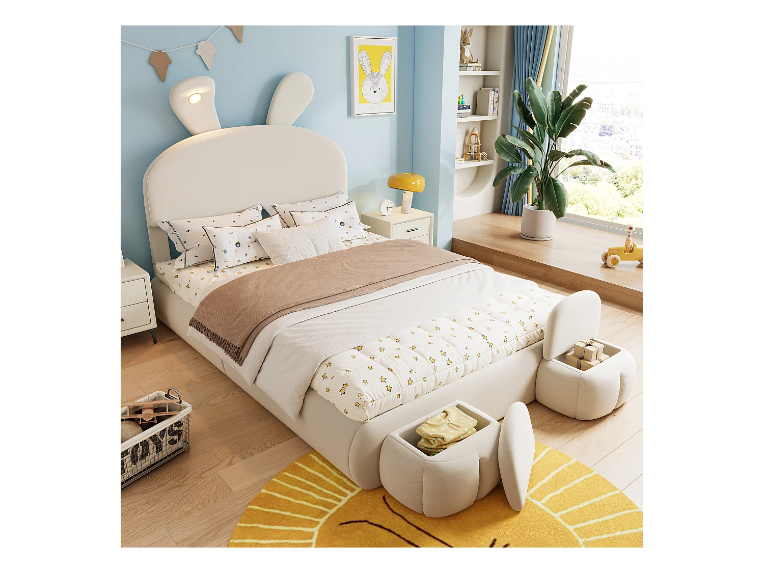 Opbergbed 140 x 200 cm met 2 opbergkrukken - konijnenoren met LED's - Fluweel - Wit