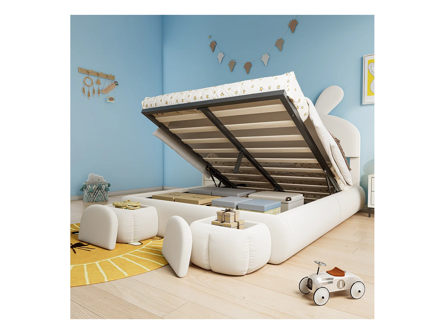 Opbergbed 140 x 200 cm met 2 opbergkrukken - konijnenoren met LED's - Fluweel - Wit