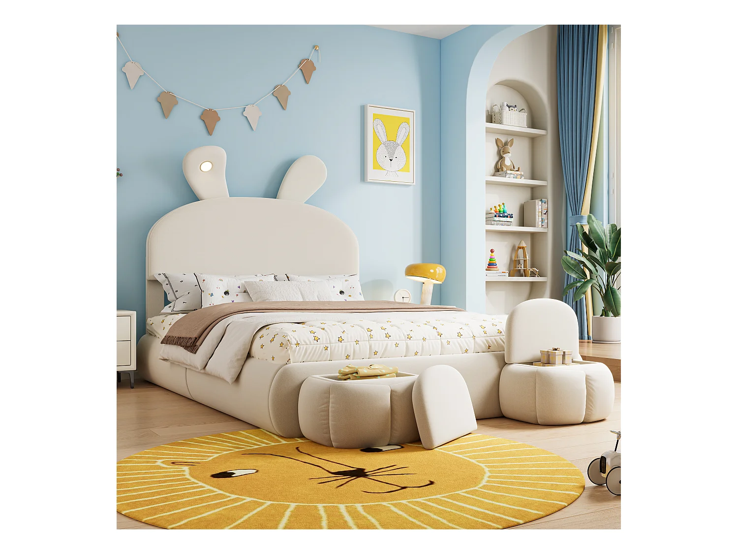 Opbergbed 140 x 200 cm met 2 opbergkrukken - konijnenoren met LED's - Fluweel - Wit