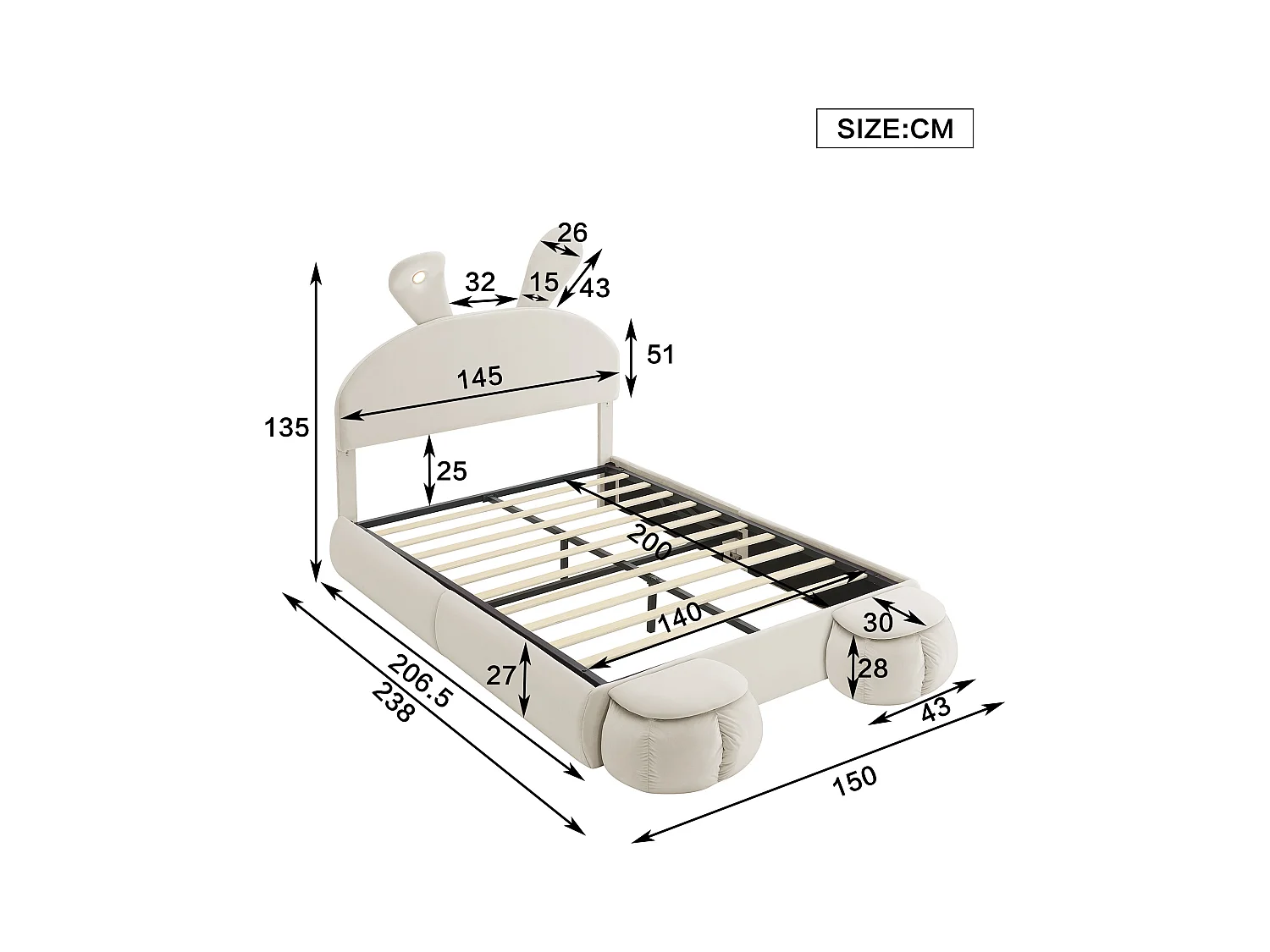 Opbergbed 140 x 200 cm met 2 opbergkrukken - konijnenoren met LED's - Fluweel - Wit