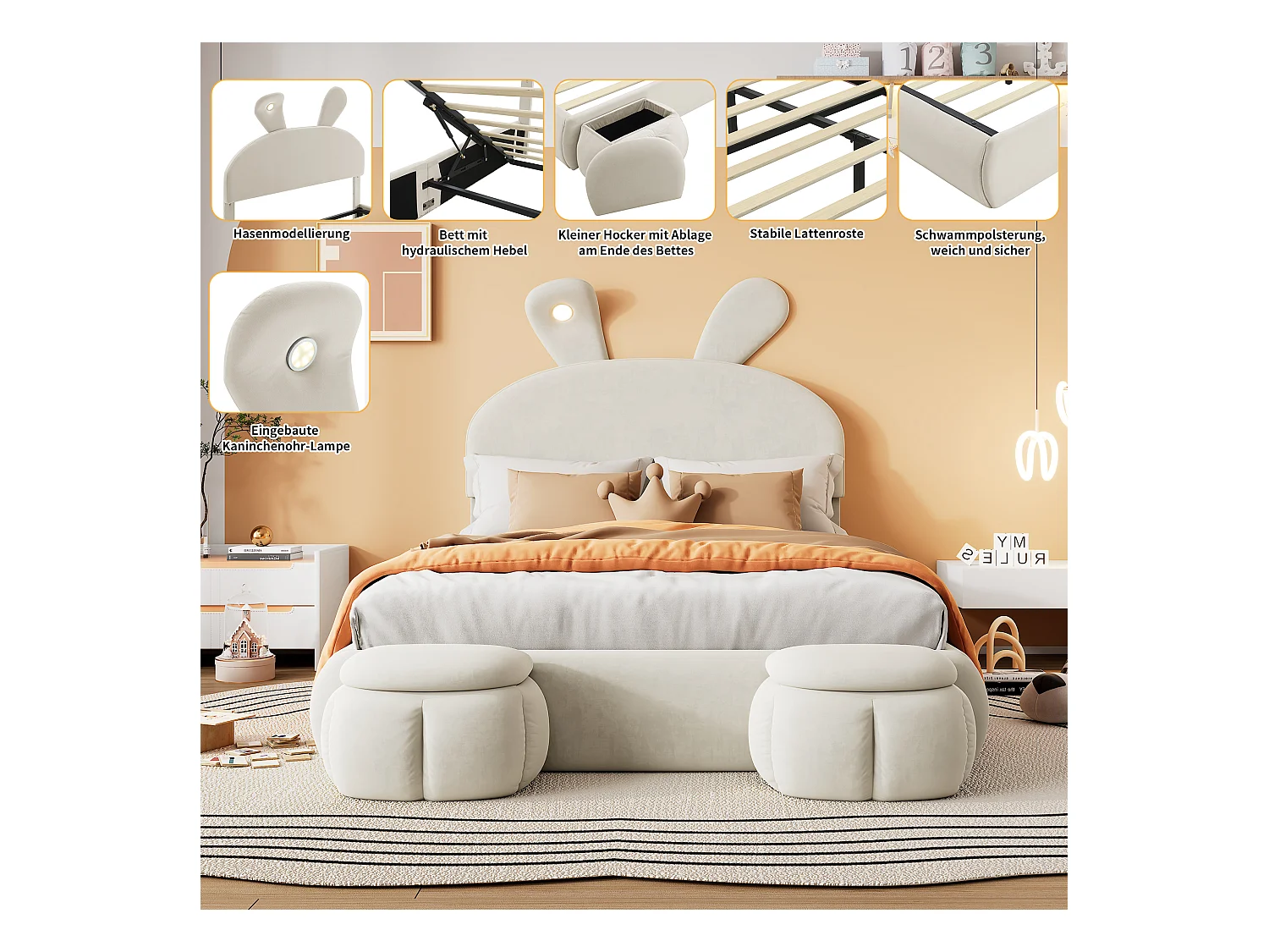 Opbergbed 140 x 200 cm met 2 opbergkrukken - konijnenoren met LED's - Fluweel - Wit