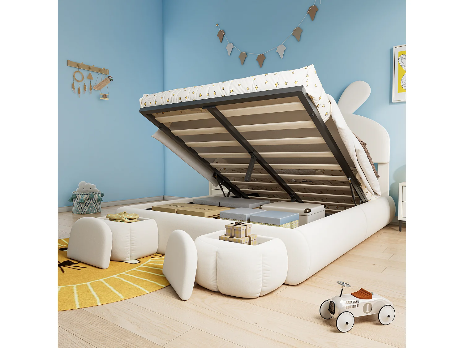 Opbergbed 140 x 200 cm met 2 opbergkrukken - konijnenoren met LED's - Fluweel - Wit