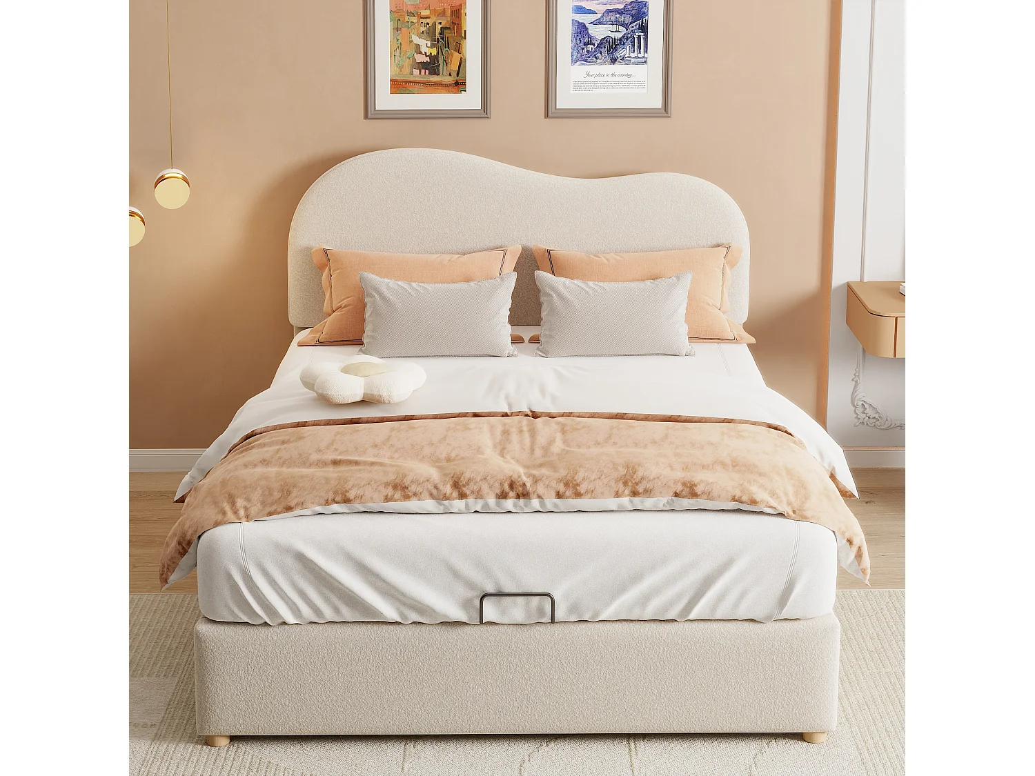 Lit coffre adulte 140 x 200 cm avec tête de lit réglable - Tissu bouclette - Sommier à lattes en métal - Blanc