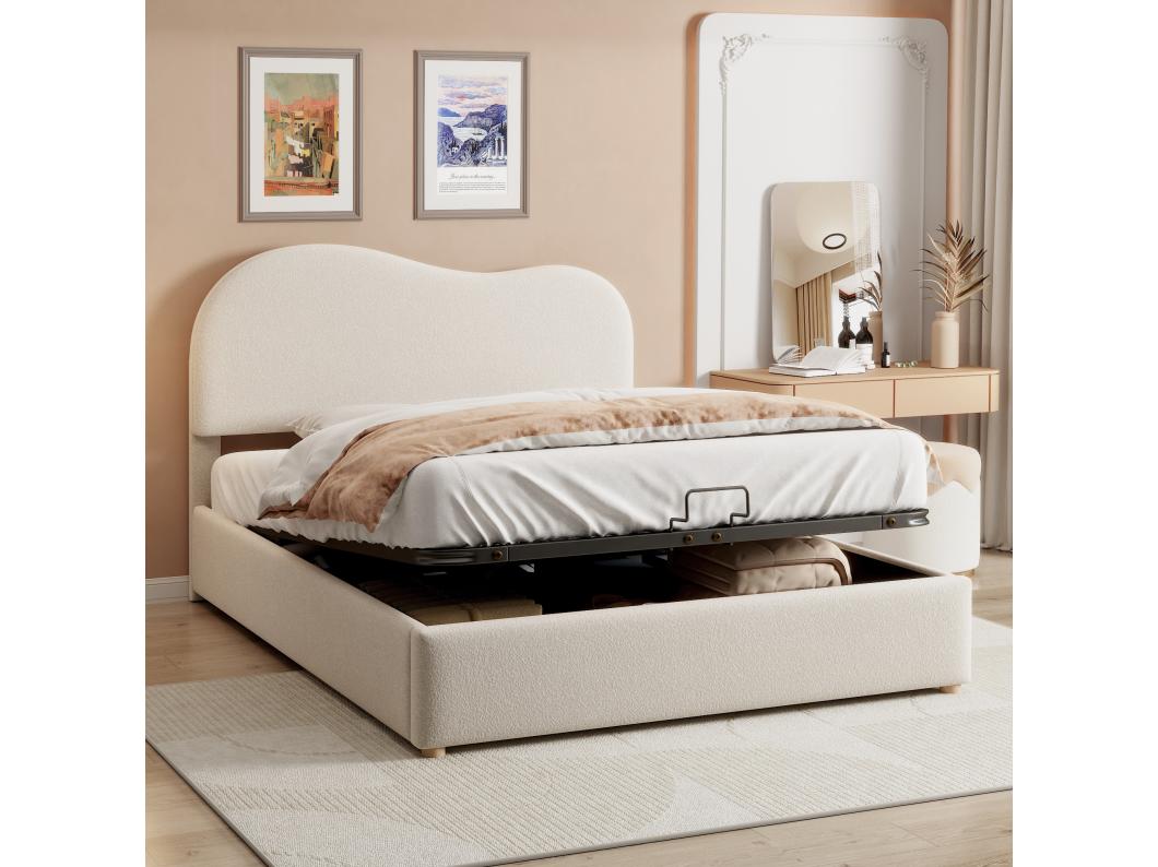 Lit coffre adulte 140 x 200 cm avec tête de lit réglable - Tissu bouclette - Sommier à lattes en métal - Blanc