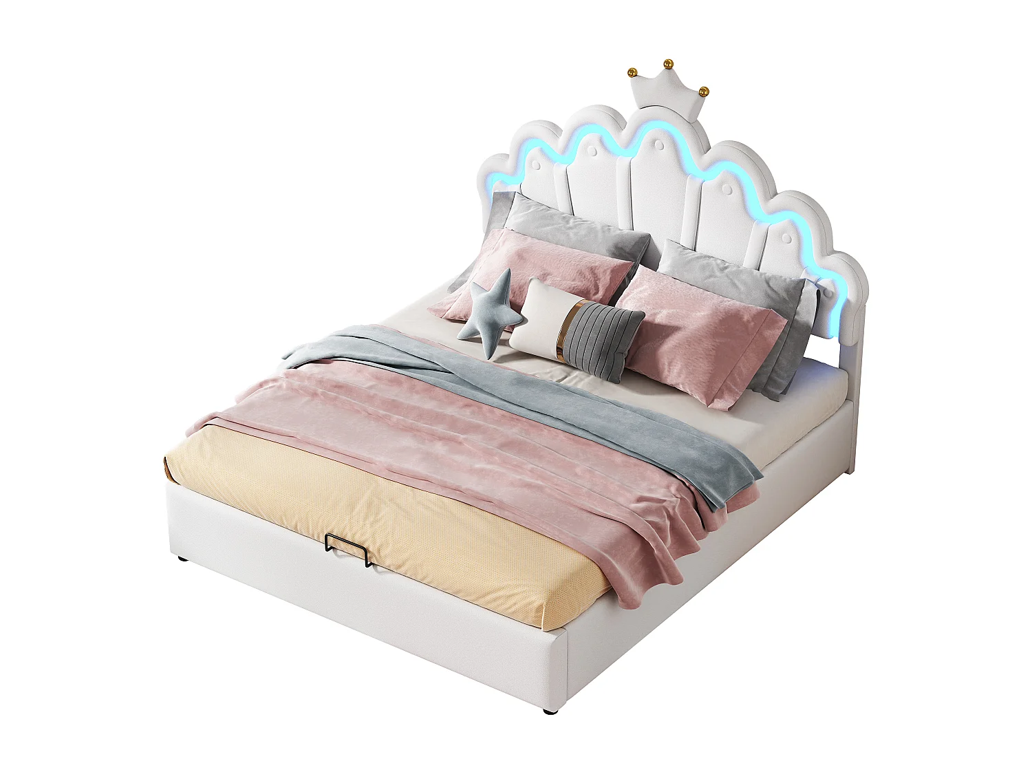 Cama con canapé en forma de corona de 140 x 200 cm - Cama princesa - LED - Cuero sintético - Blanco