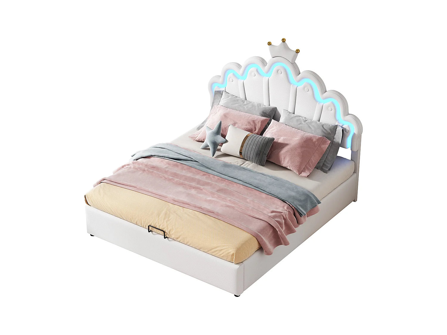 Cama de armazenamento 140 x 200 cm em formato de coroa - cama princesa - LEDs - couro PU - Branco
