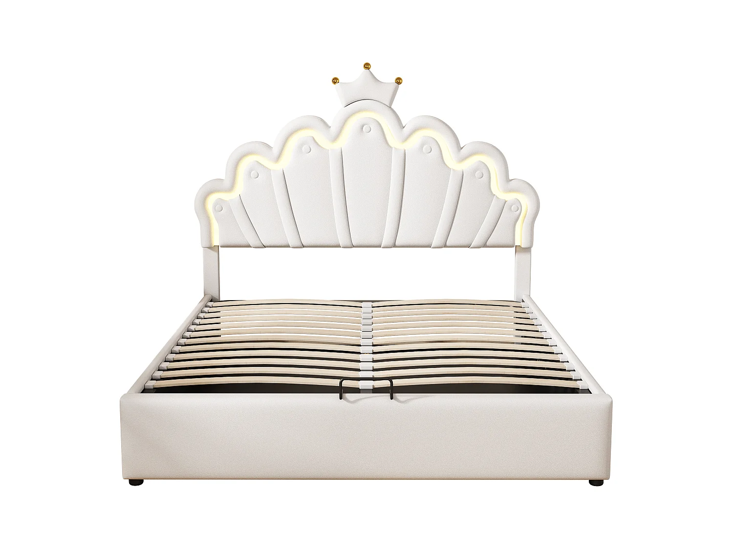 Cama de armazenamento 140 x 200 cm em formato de coroa - cama princesa - LEDs - couro PU - Branco