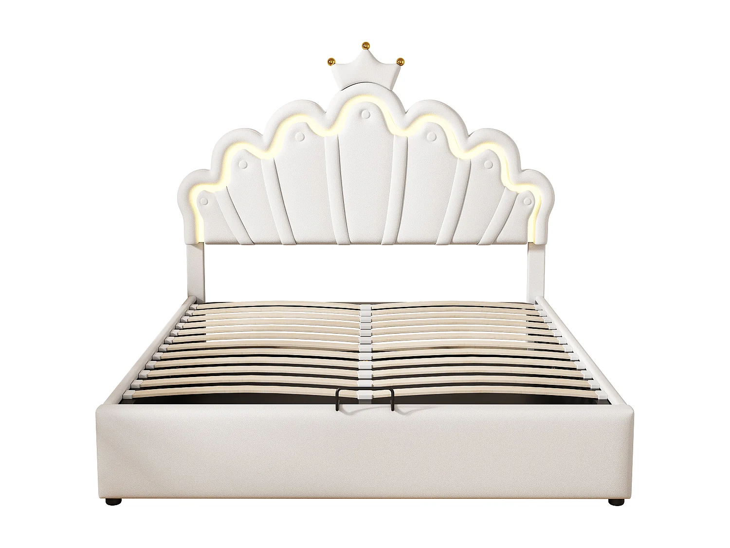 Cama com arrumação em forma de coroa, 140 x 200 cm - Cama de princesa - LEDs - Couro PU - Branca