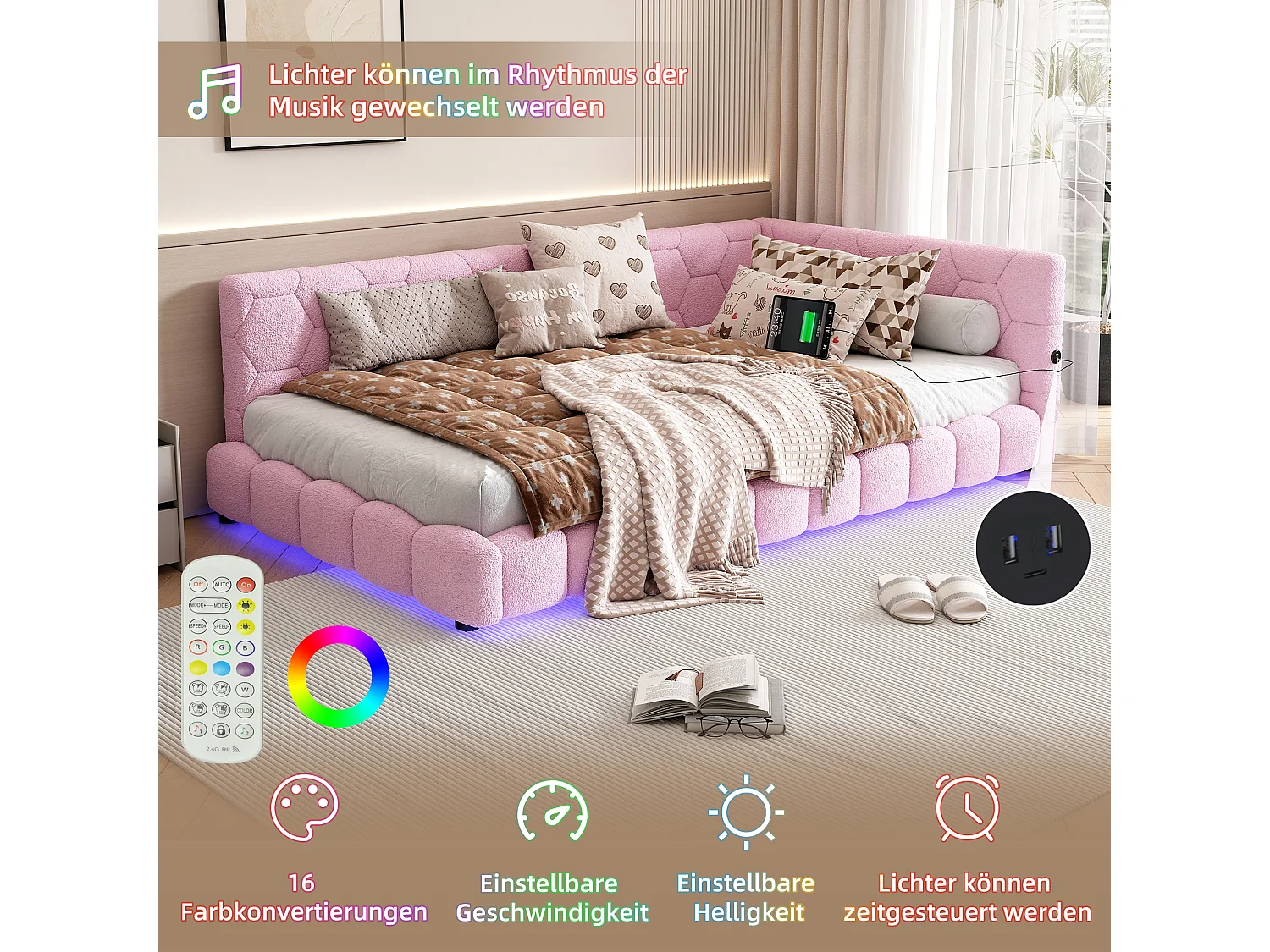 Letto imbottito 90 x 200 cm con testiera per bambini - LED + porta USB - Tessuto felpato - Rosa