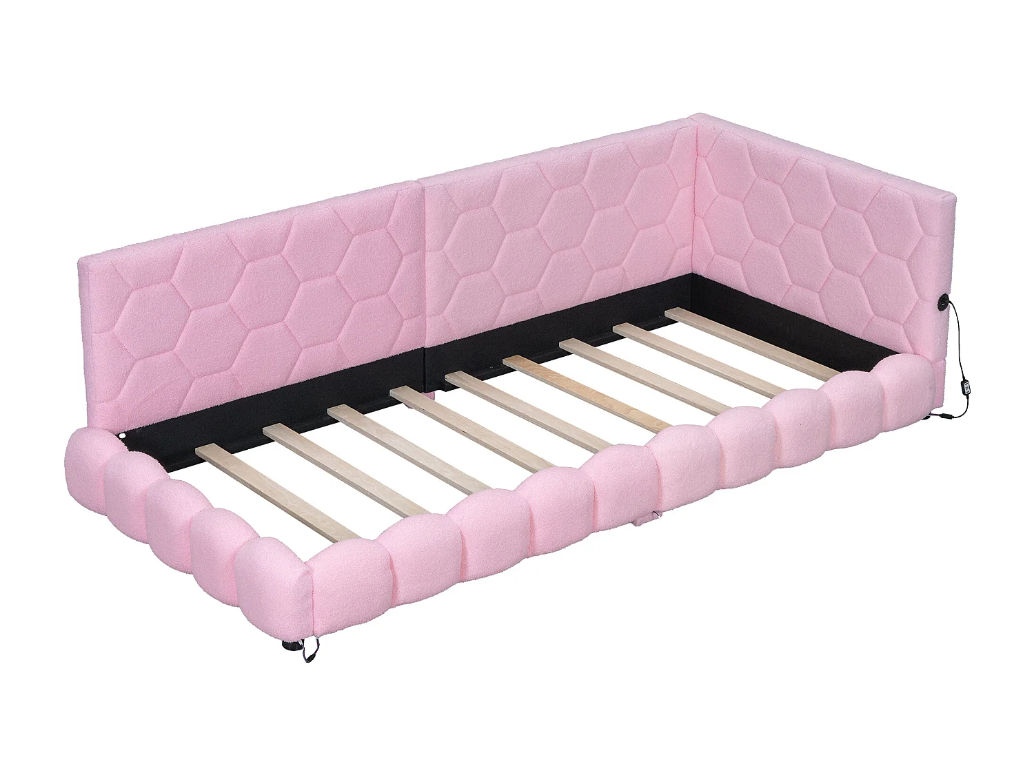 Gestoffeerd bed met hoofdeinde (90 x 200 cm) voor kinderen - LED's + USB-poort - Pluche stof - Roze