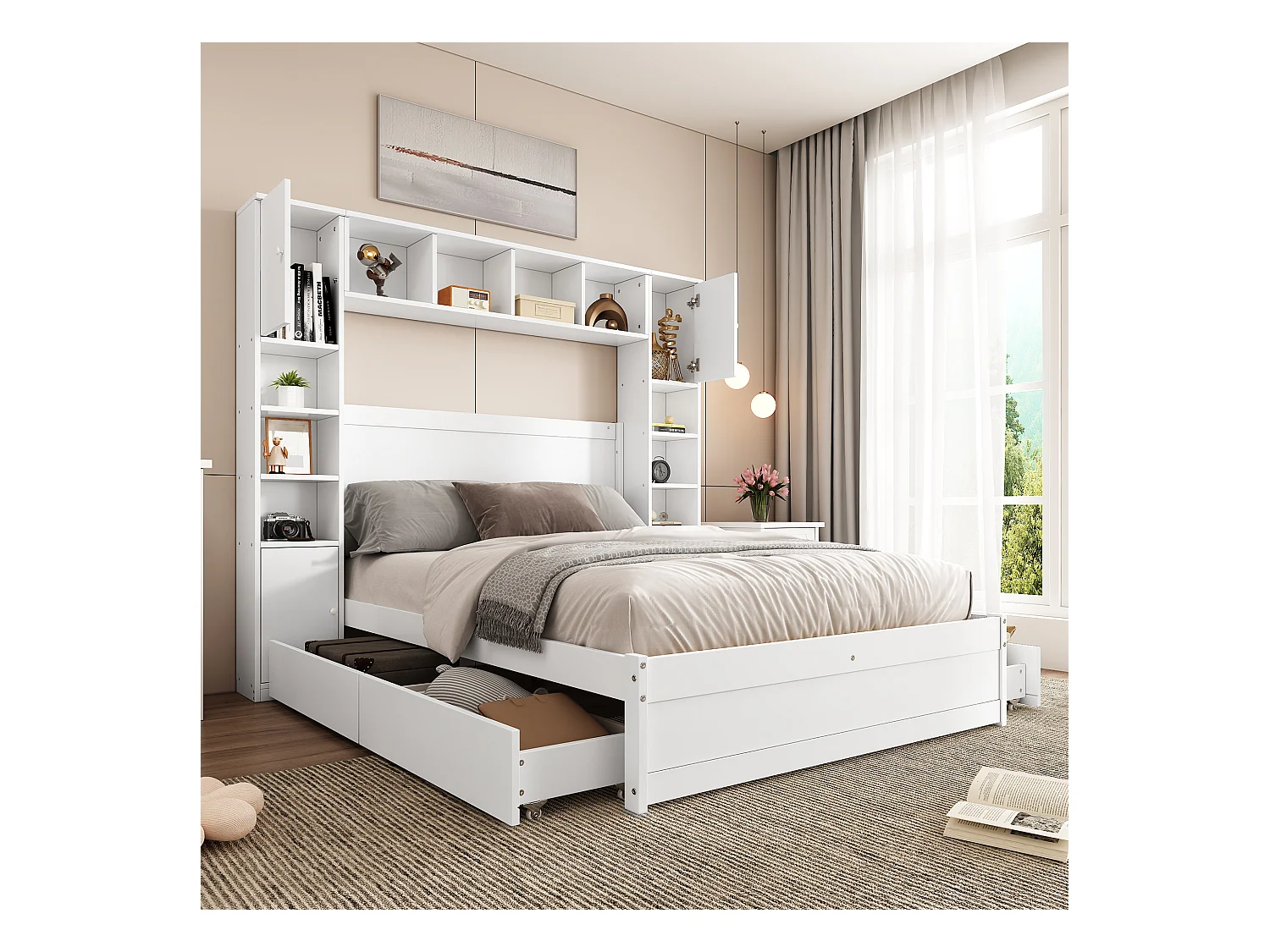 Tweepersoonsbed 140 x 200 cm met 4 laden en meerdere opbergruimtes - MDF + meerlagenpaneel - wit