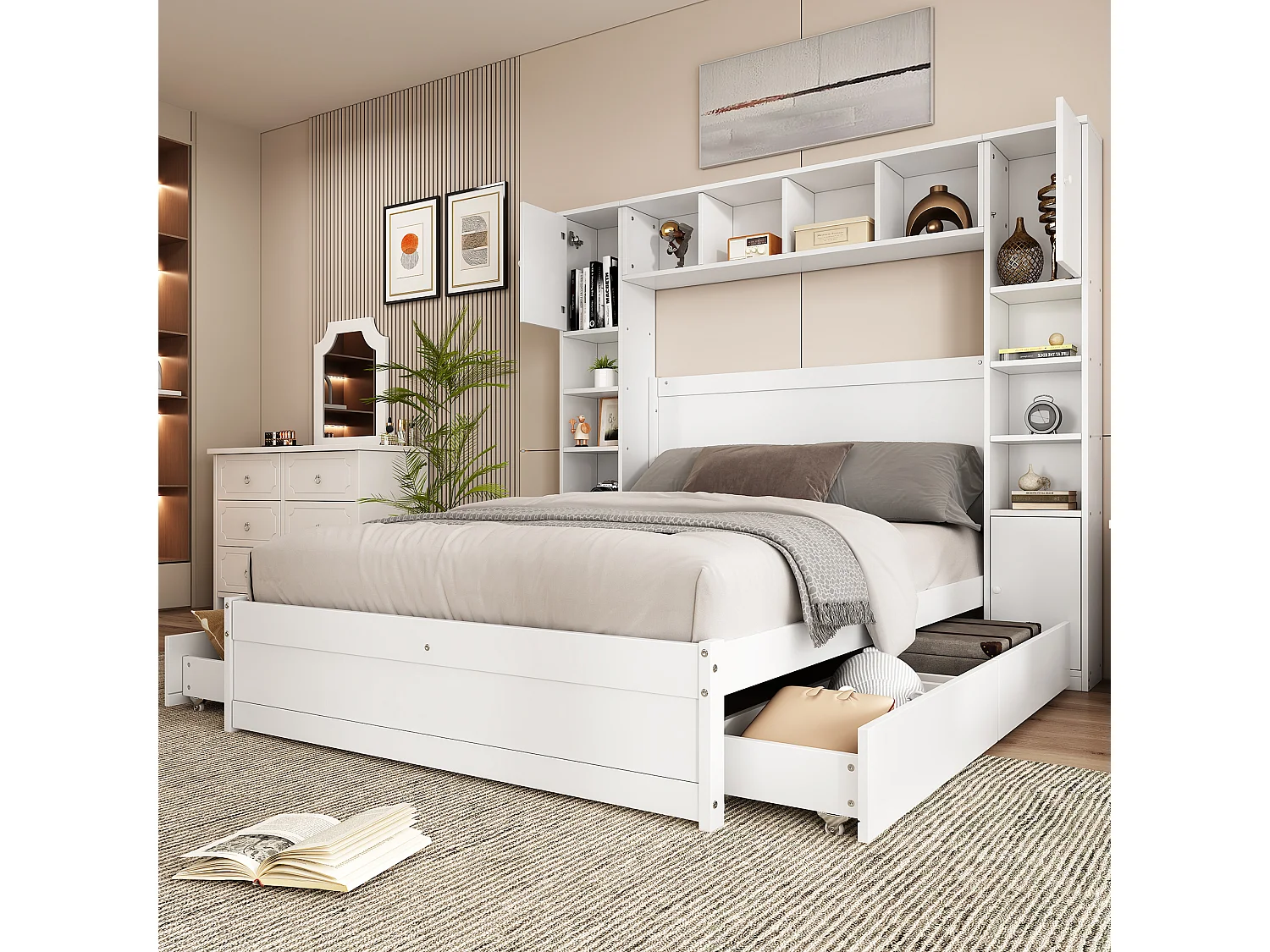 Tweepersoonsbed 140 x 200 cm met 4 laden en meerdere opbergruimtes - MDF + meerlagenpaneel - wit