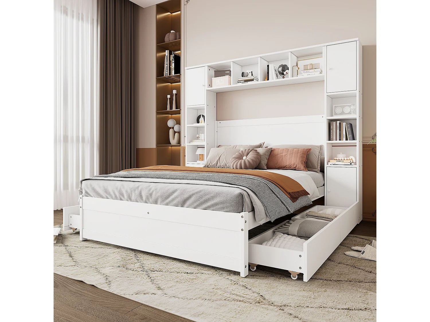 Tweepersoonsbed 140 x 200 cm met 4 laden en meerdere opbergruimtes - MDF + meerlagenpaneel - wit