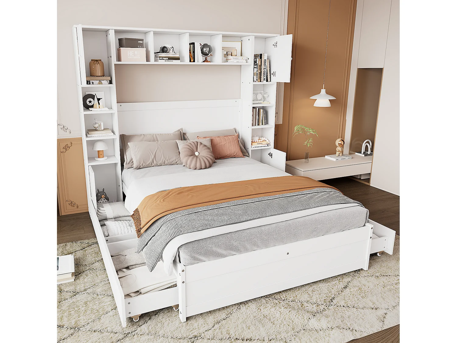 Tweepersoonsbed 140 x 200 cm met 4 laden en meerdere opbergruimtes - MDF + meerlagenpaneel - wit