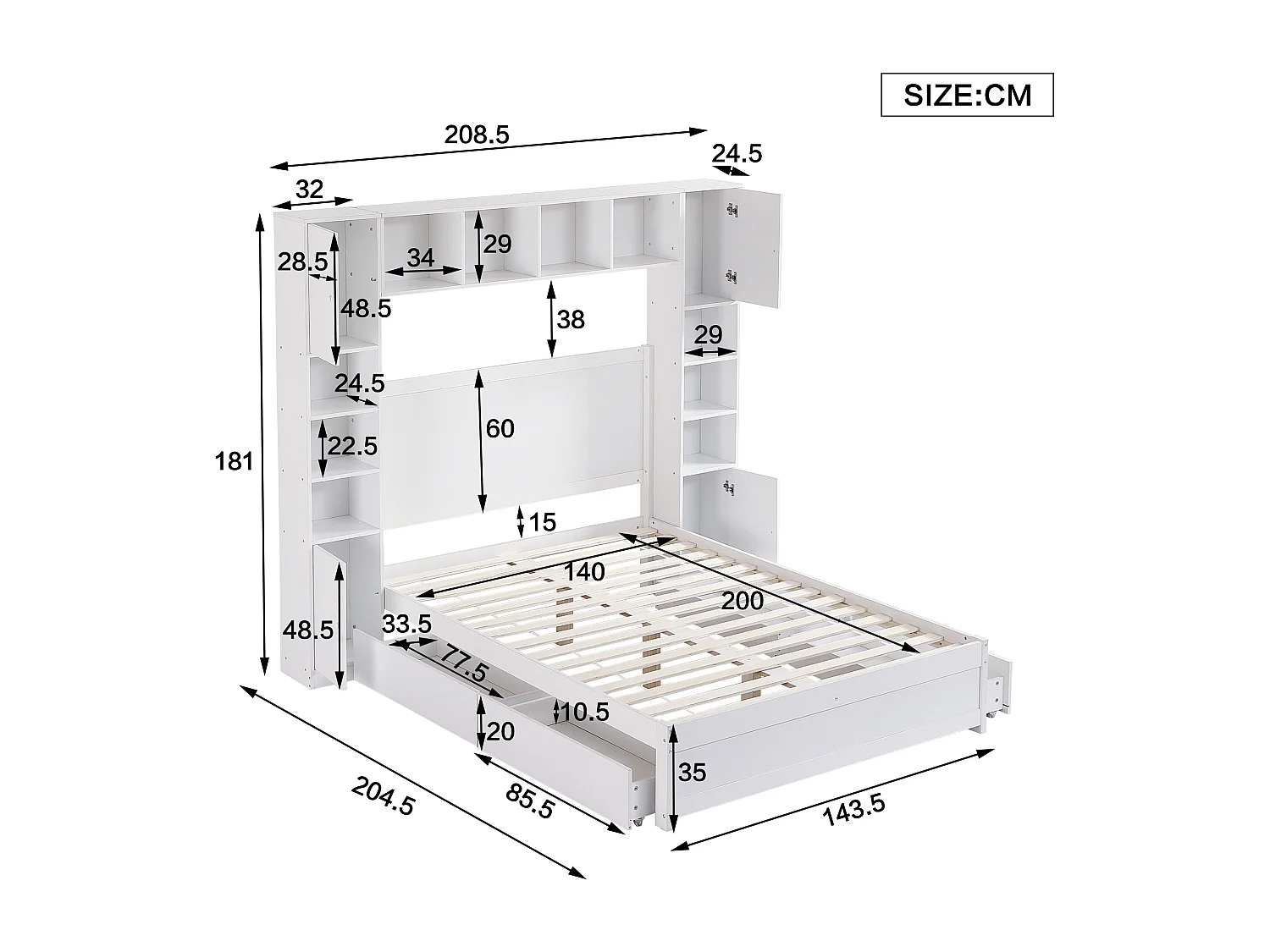 Tweepersoonsbed 140 x 200 cm met 4 laden en meerdere opbergruimtes - MDF + meerlagenpaneel - wit