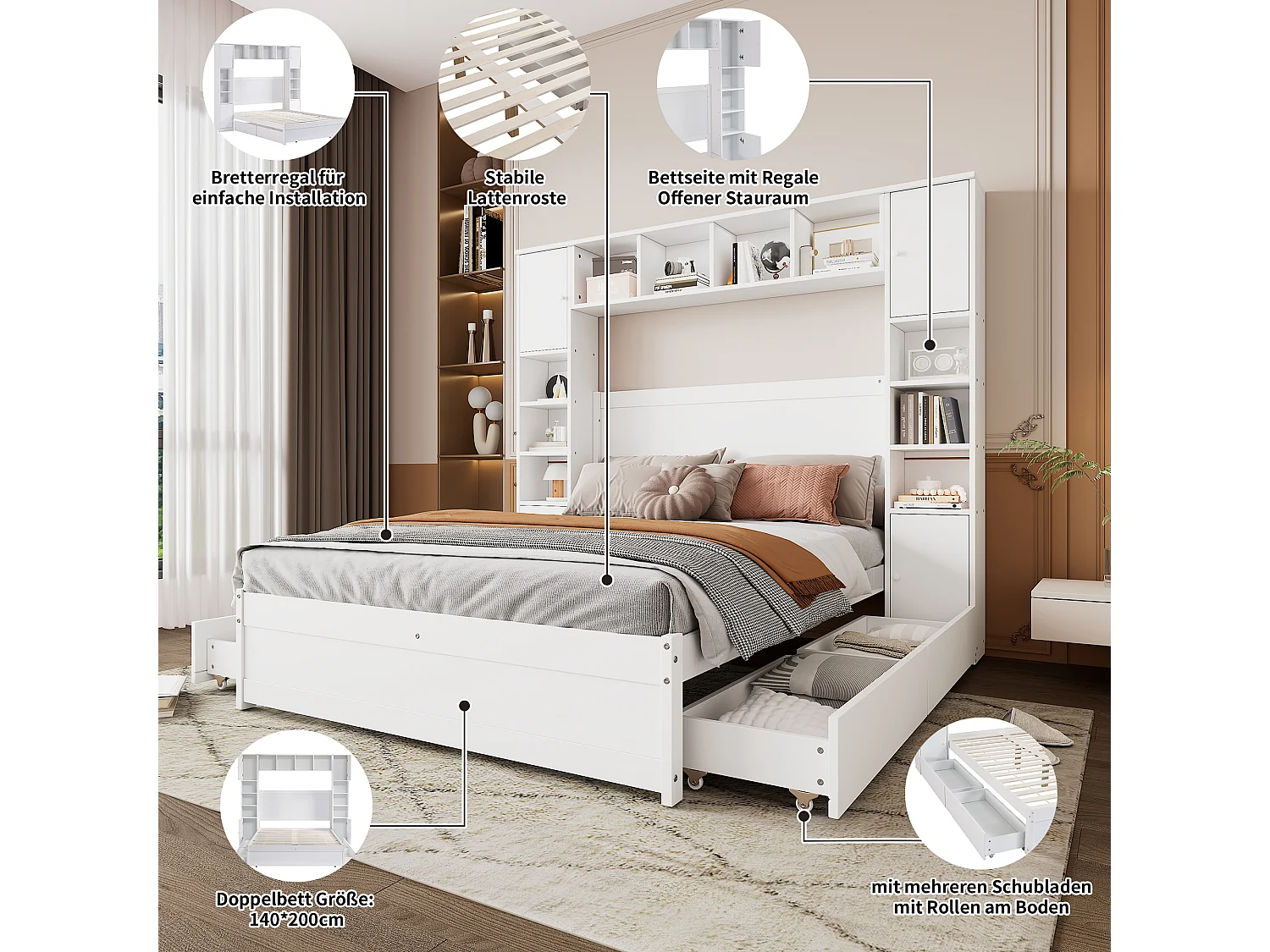 Tweepersoonsbed 140 x 200 cm met 4 laden en meerdere opbergruimtes - MDF + meerlagenpaneel - wit