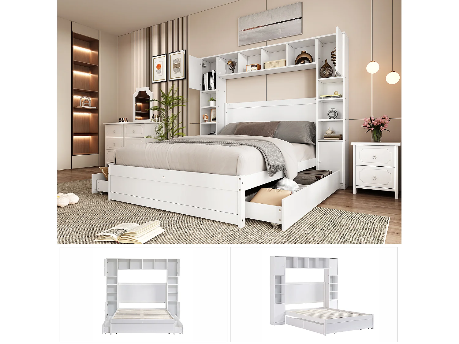 Tweepersoonsbed 140 x 200 cm met 4 laden en meerdere opbergruimtes - MDF + meerlagenpaneel - wit