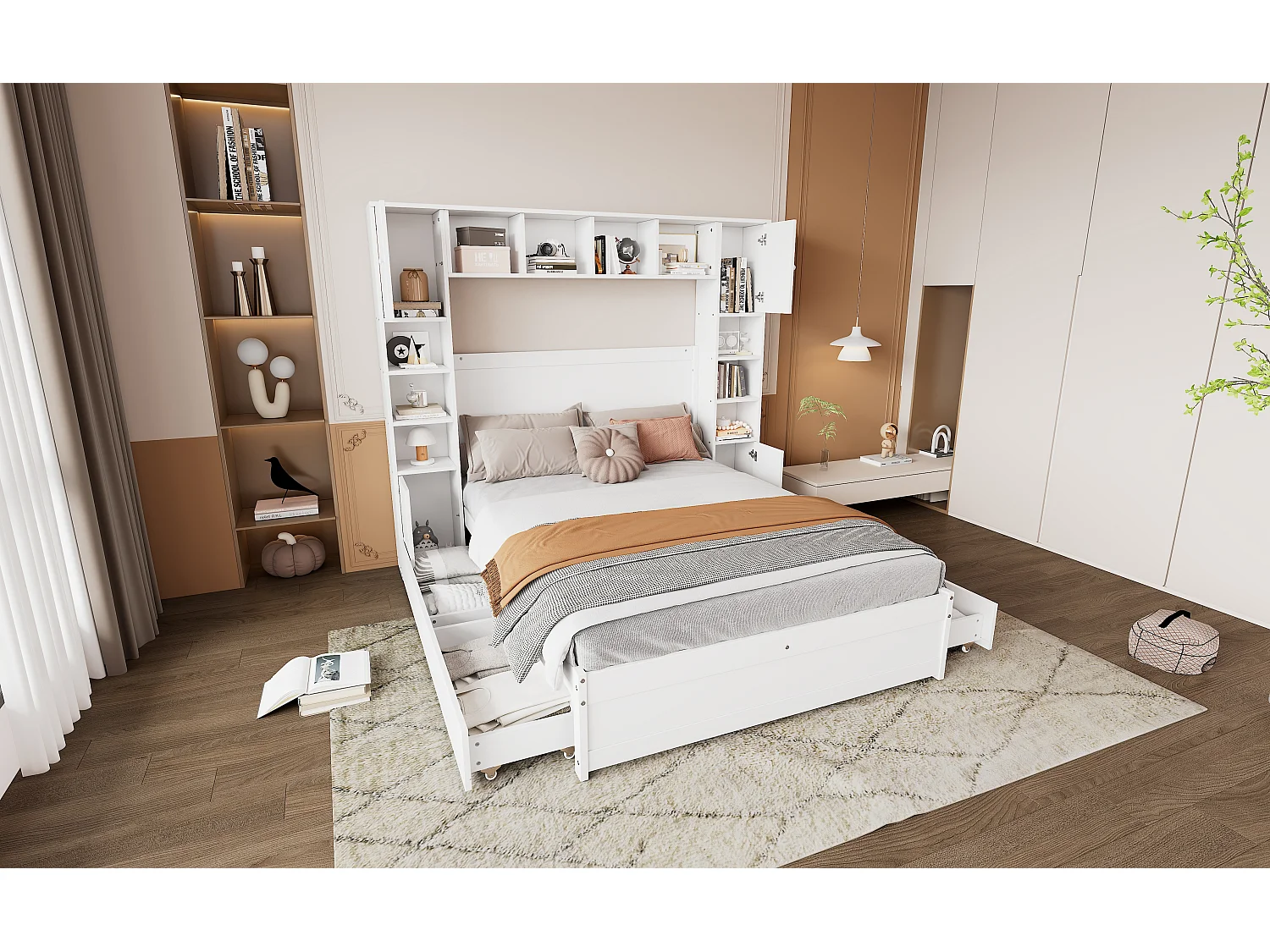 Tweepersoonsbed 140 x 200 cm met 4 laden en meerdere opbergruimtes - MDF + meerlagenpaneel - wit