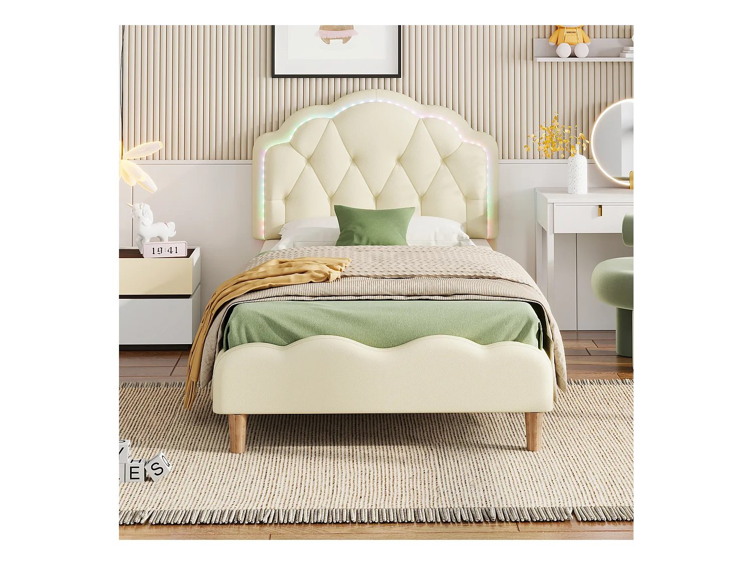 Lit capitonné 90 x 200 cm avec tête de lit et bandes LED multicolores - Cuir PU - Blanc