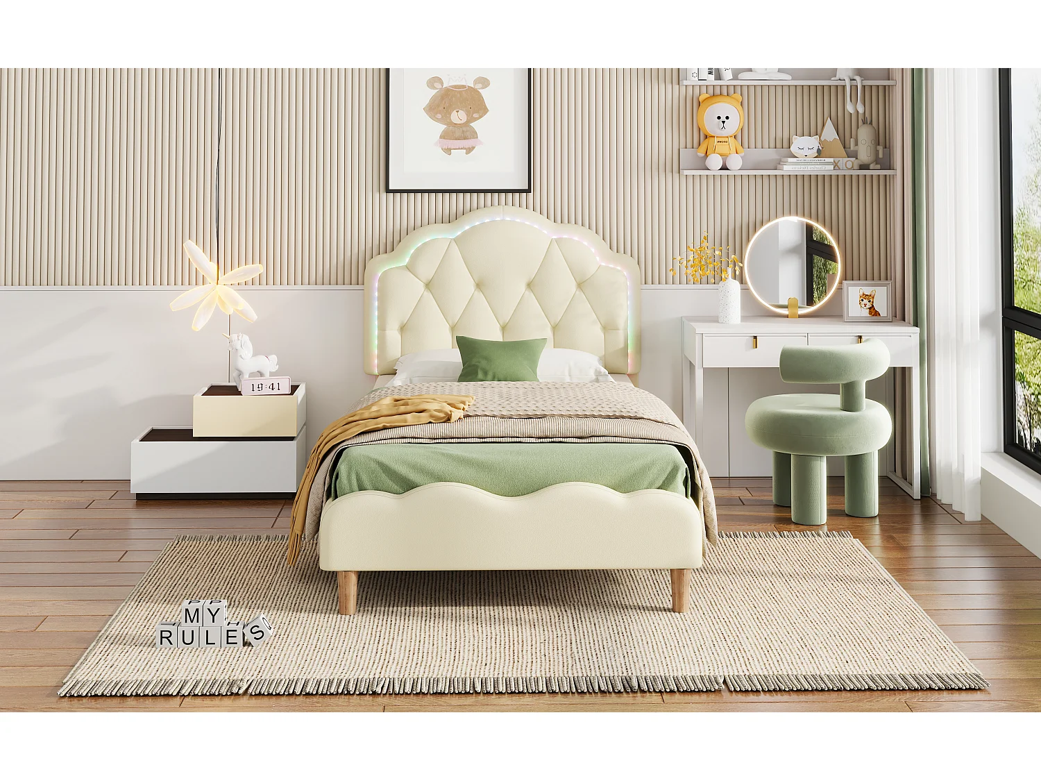 Letto imbottito 90 x 200 cm con testiera e strisce LED multicolori - Pelle PU - Bianco