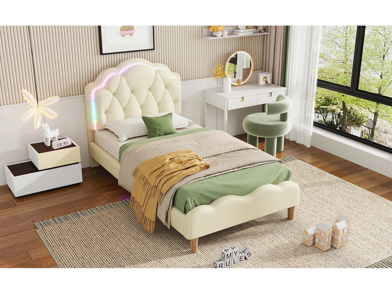 Letto imbottito 90 x 200 cm con testiera e strisce LED multicolori - Pelle PU - Bianco