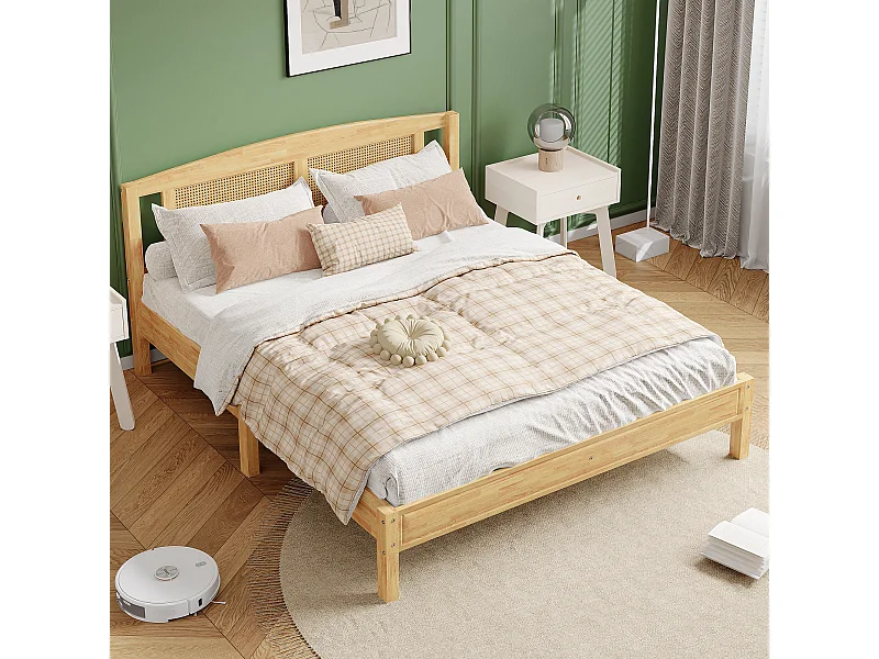 Łóżko małżeńskie 160 x 200 cm z wezgłowiem - sosna i rattan PE - kolor naturalny