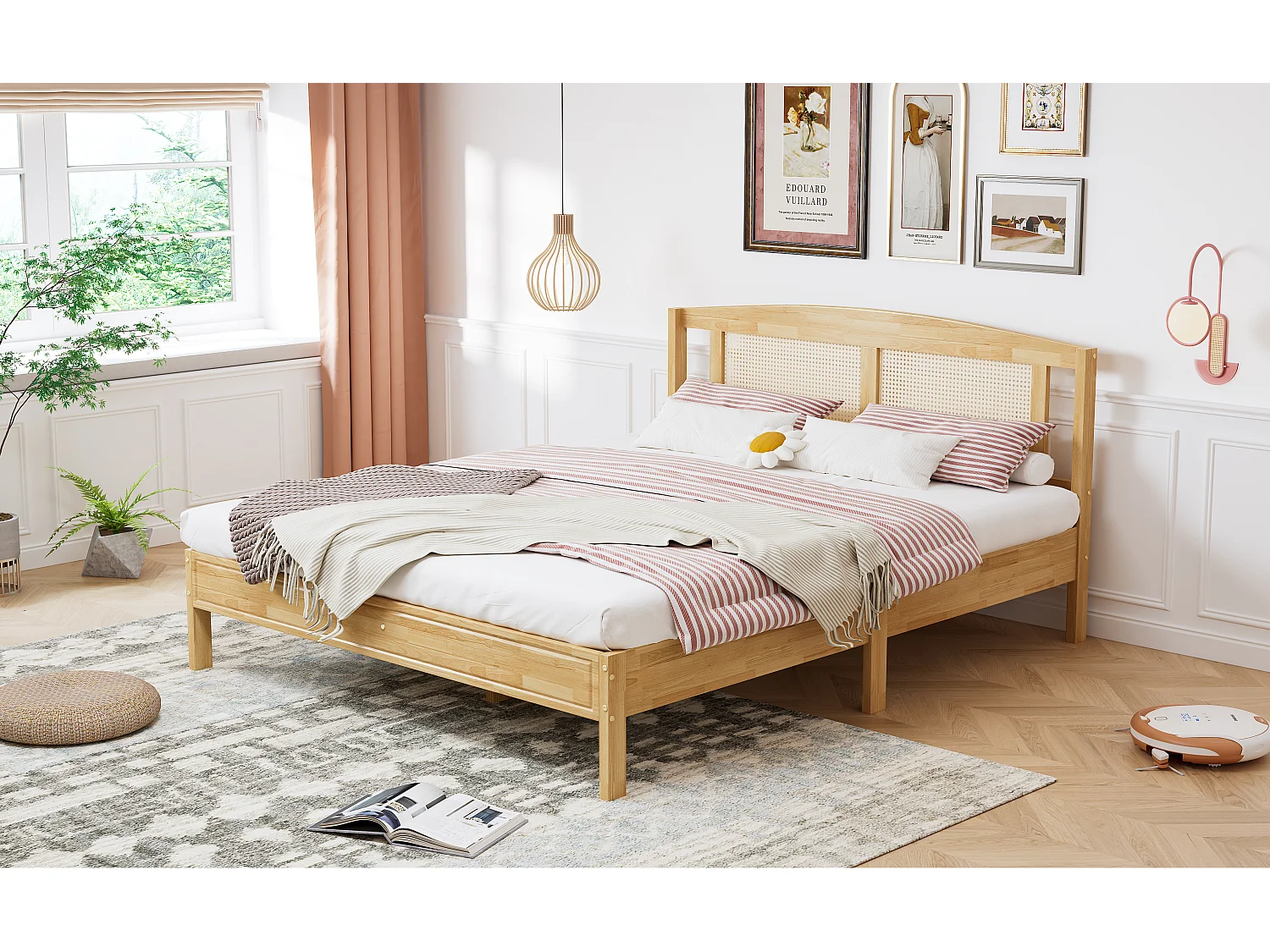 Cama de casal 160 x 200 cm com cabeceira - pinho e rattan PE - cor natural