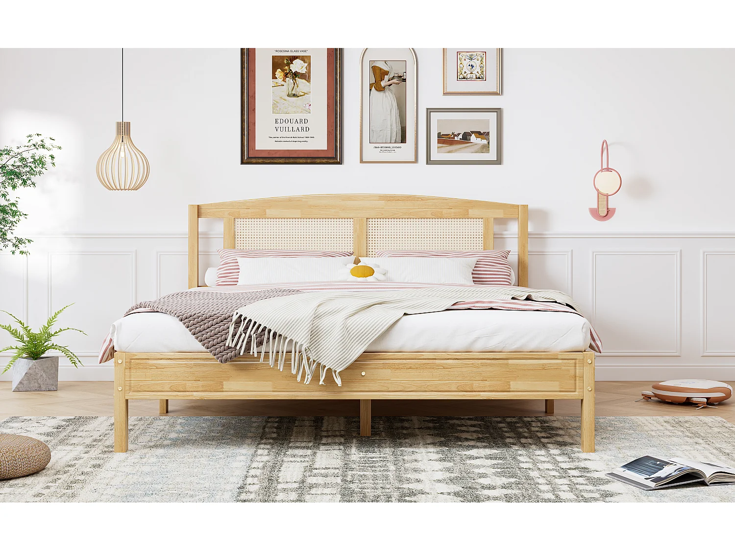 Cama de casal 160 x 200 cm com cabeceira - pinho e rattan PE - cor natural