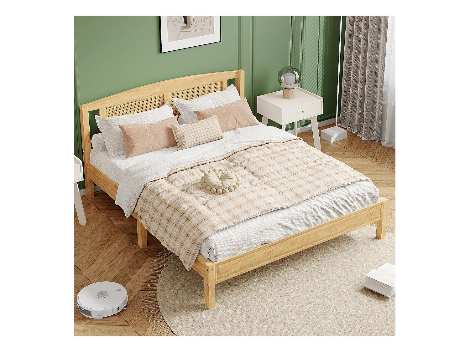 Doppelbett 160 x 200 cm mit Kopfteil – Kiefer und PE-Rattan – natürliche Farbe