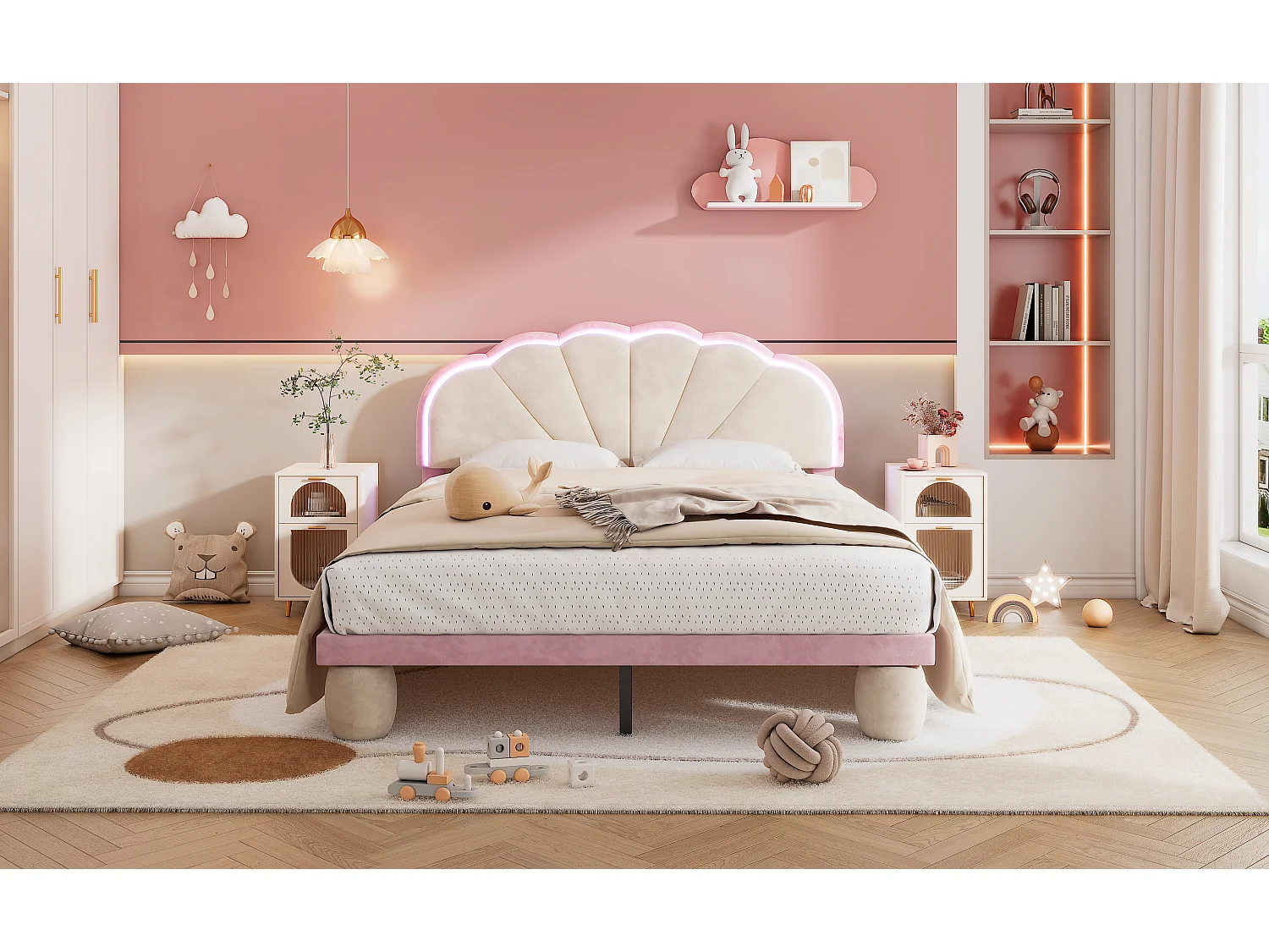 Lit capitonné 140 x 200 avec tête de lit à coupe ondulée et pieds ronds rembourrés - LEDs - Velours - Beige + rose