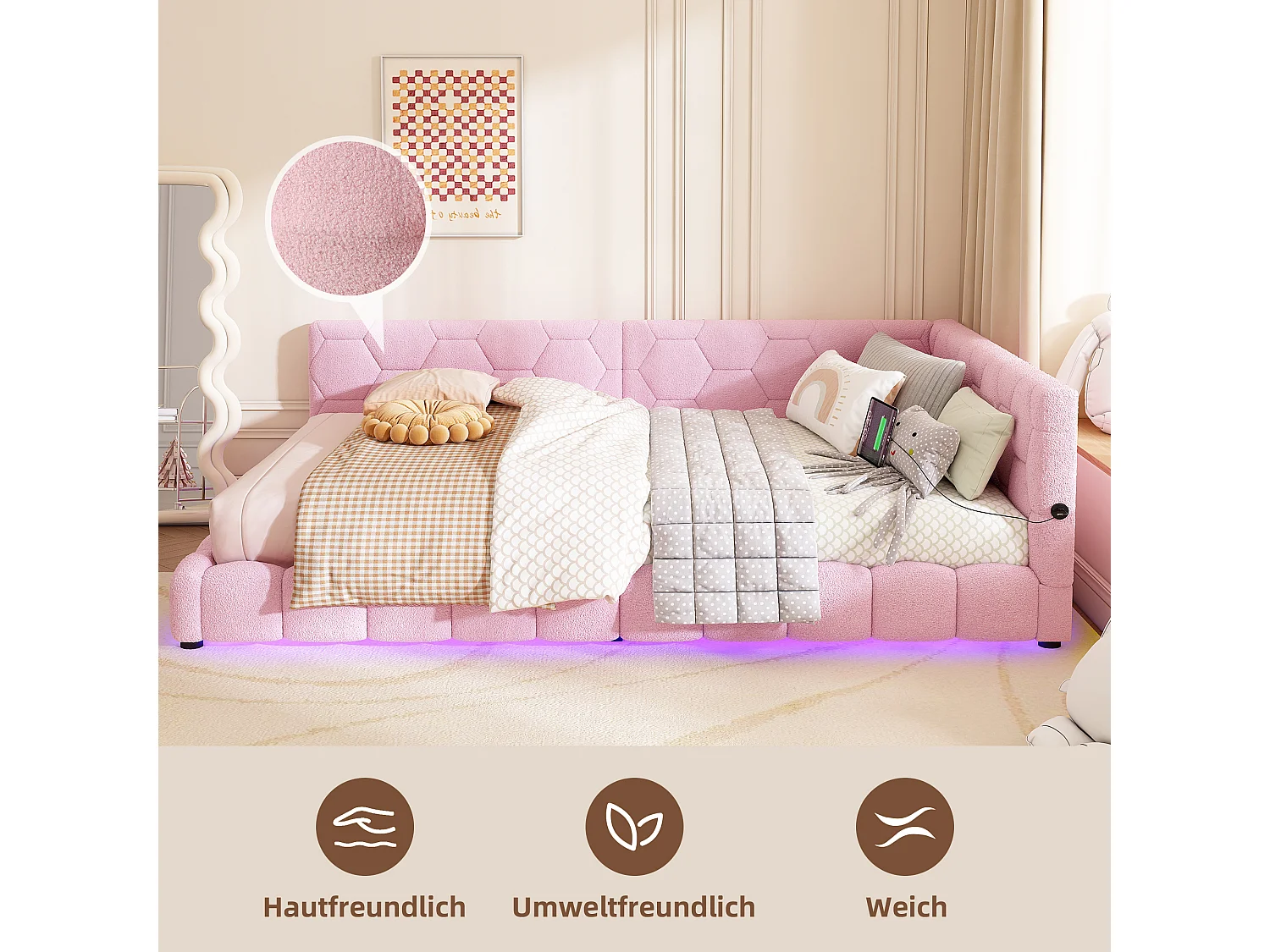 Cama estofada 140 x 200 cm com cabeceira para adulto - LEDs + porta USB - Tecido felpudo - Rosa