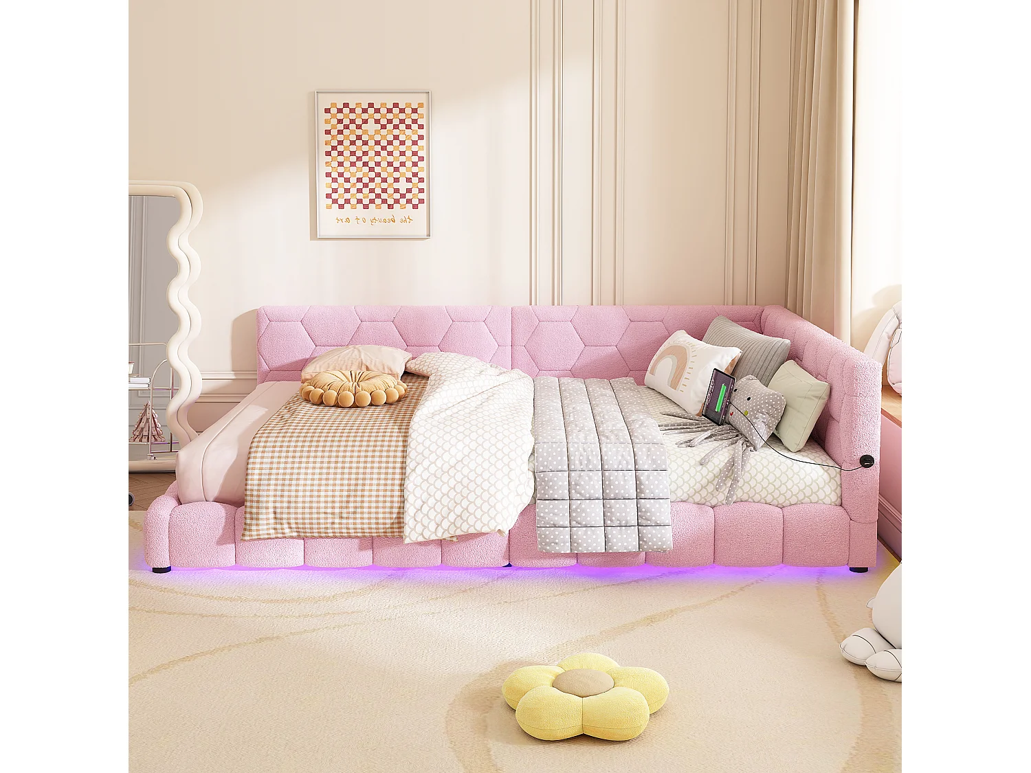 Cama estofada 140 x 200 cm com cabeceira para adulto - LEDs + porta USB - Tecido felpudo - Rosa