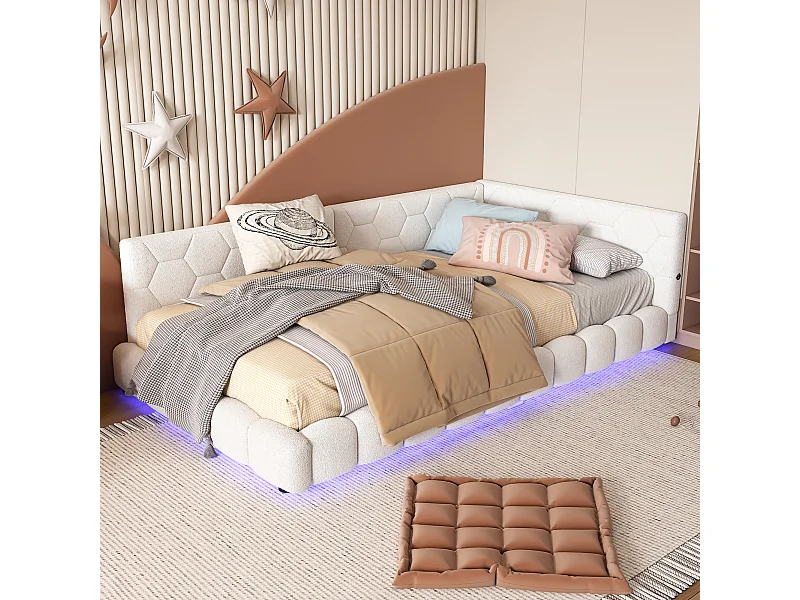 Lit capitonné 90 x 200 cm avec tête de lit pour enfant - LEDs + port USB - Bois MDF - Blanc