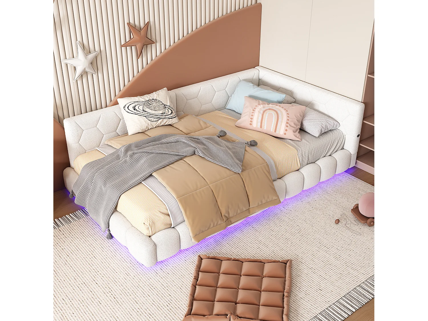 Gestoffeerd bed 90 x 200 cm met hoofdeinde voor kinderen - LED's + USB-poort - MDF hout - Wit