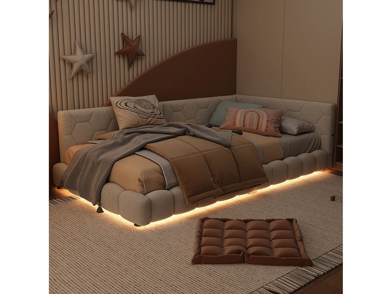 Gestoffeerd bed 90 x 200 cm met hoofdeinde voor kinderen - LED's + USB-poort - MDF hout - Wit